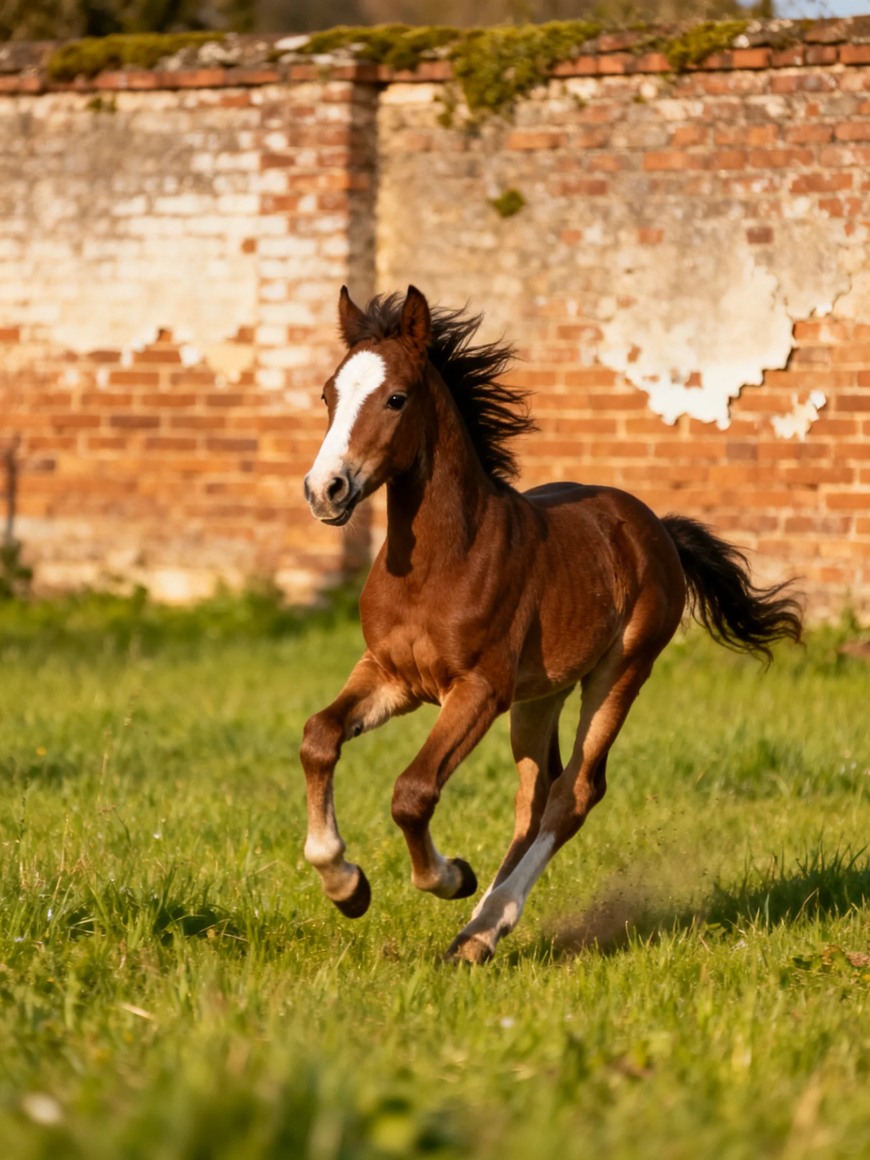 A brown foal with white markings gallops near an old brick wall