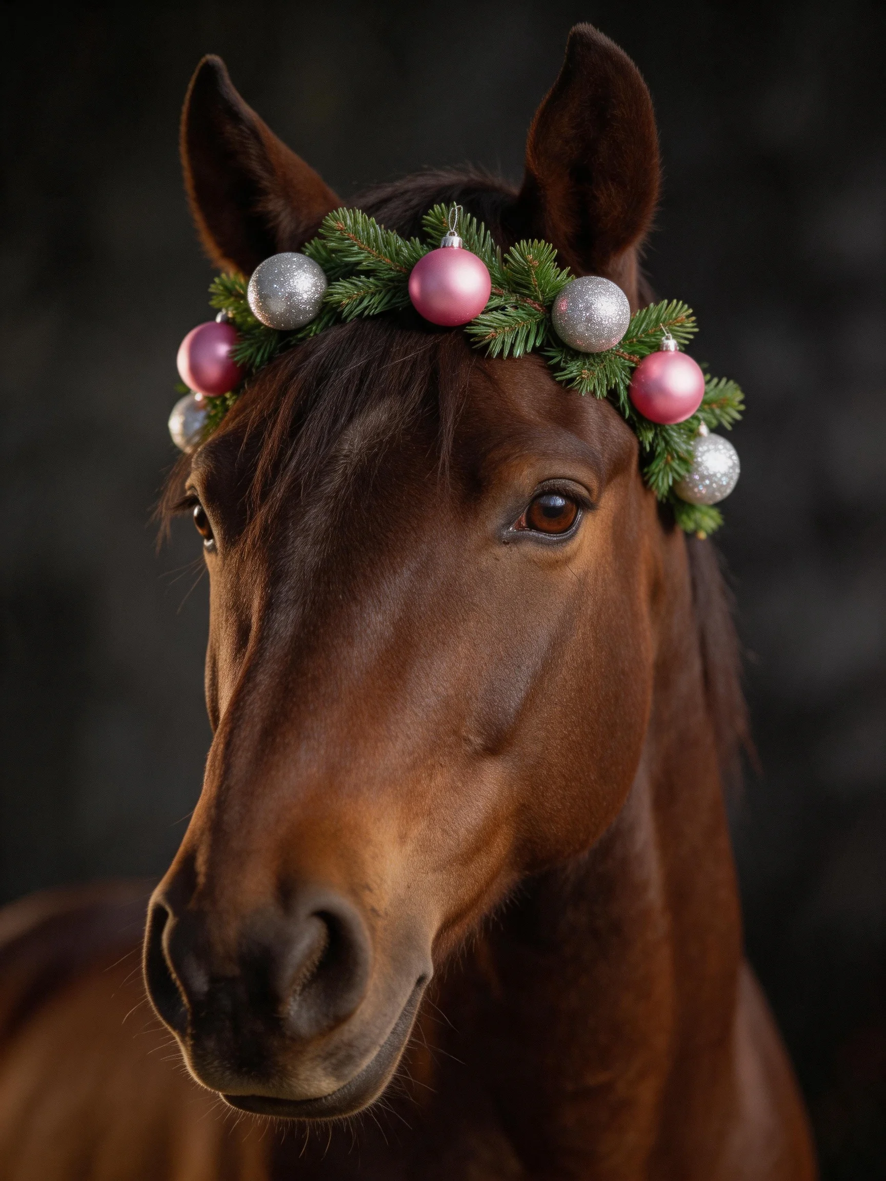 A brown horse adorned with a green and pink ornament wreath