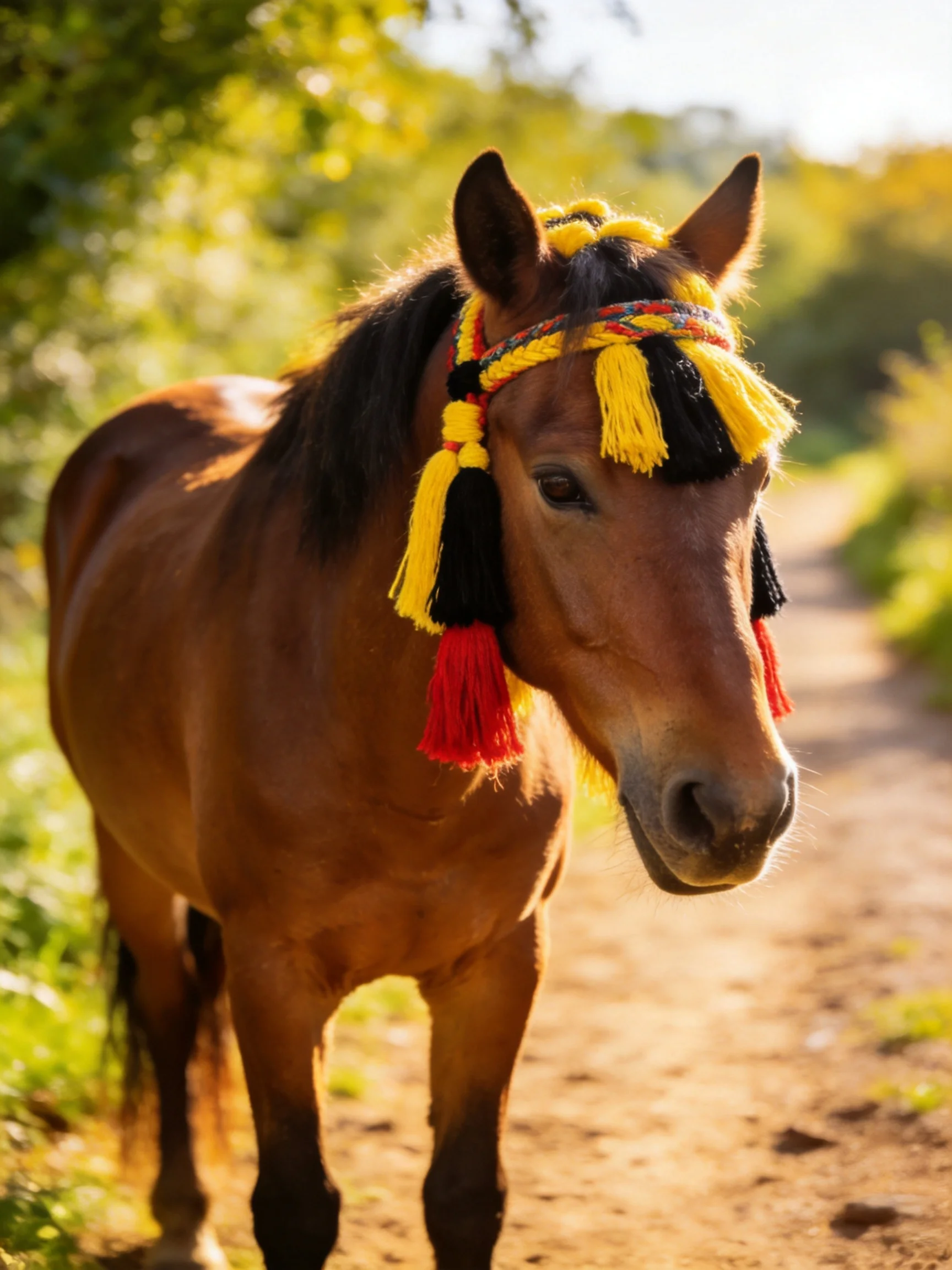 A brown horse with a colorful tassel headband stands on a dirt path.