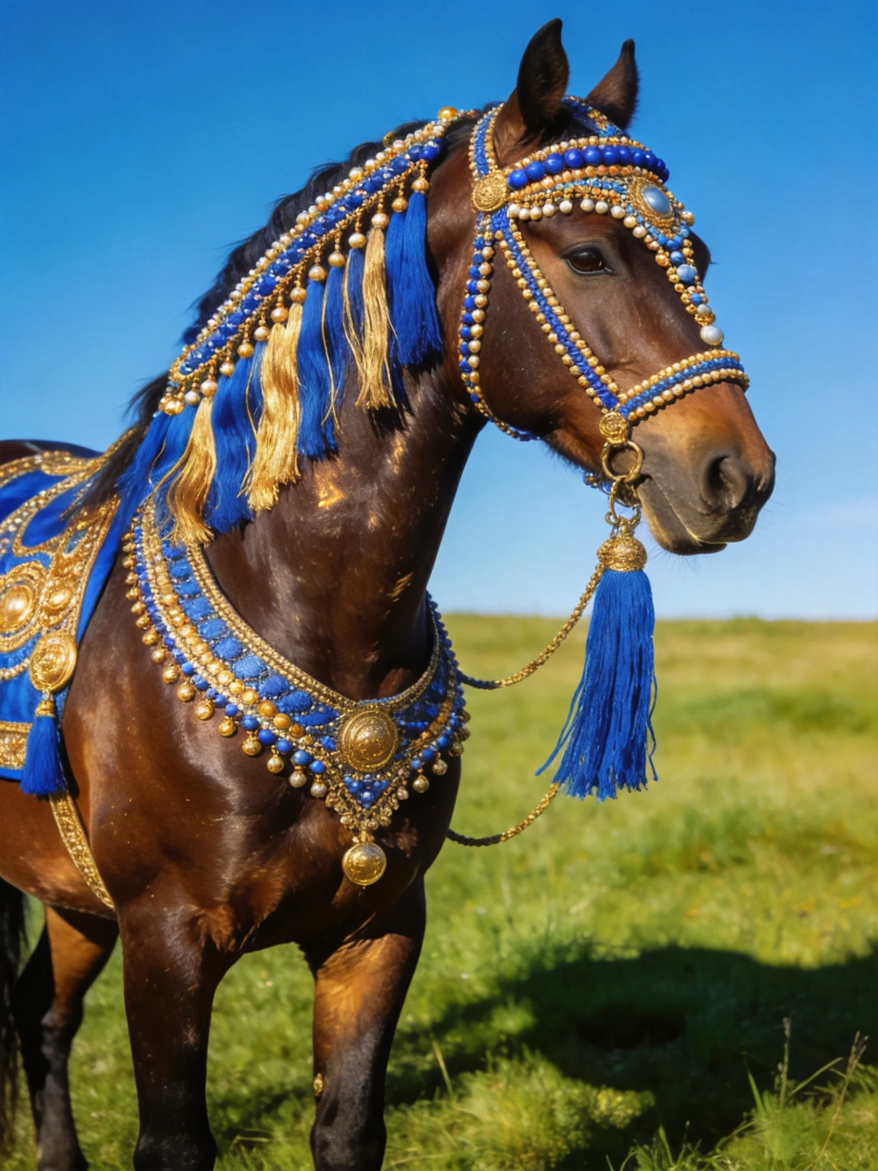 A brown horse adorned with elaborate blue and gold decorations