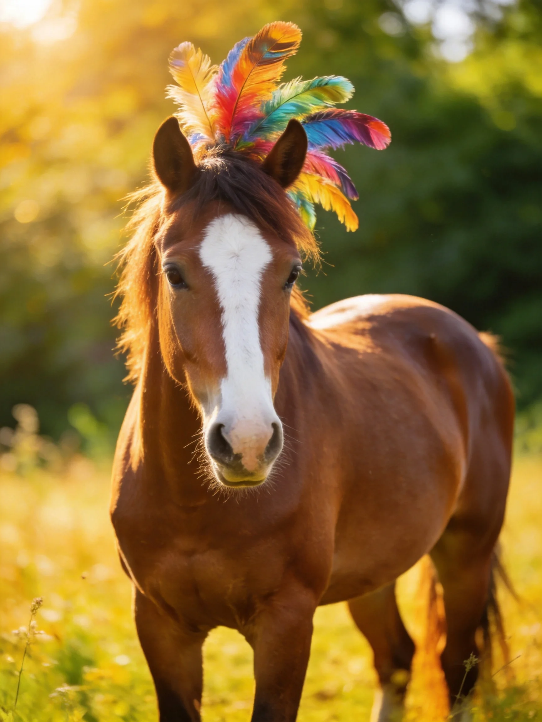 A brown horse adorned with vibrant multicolored feathers in a sunlit meadow