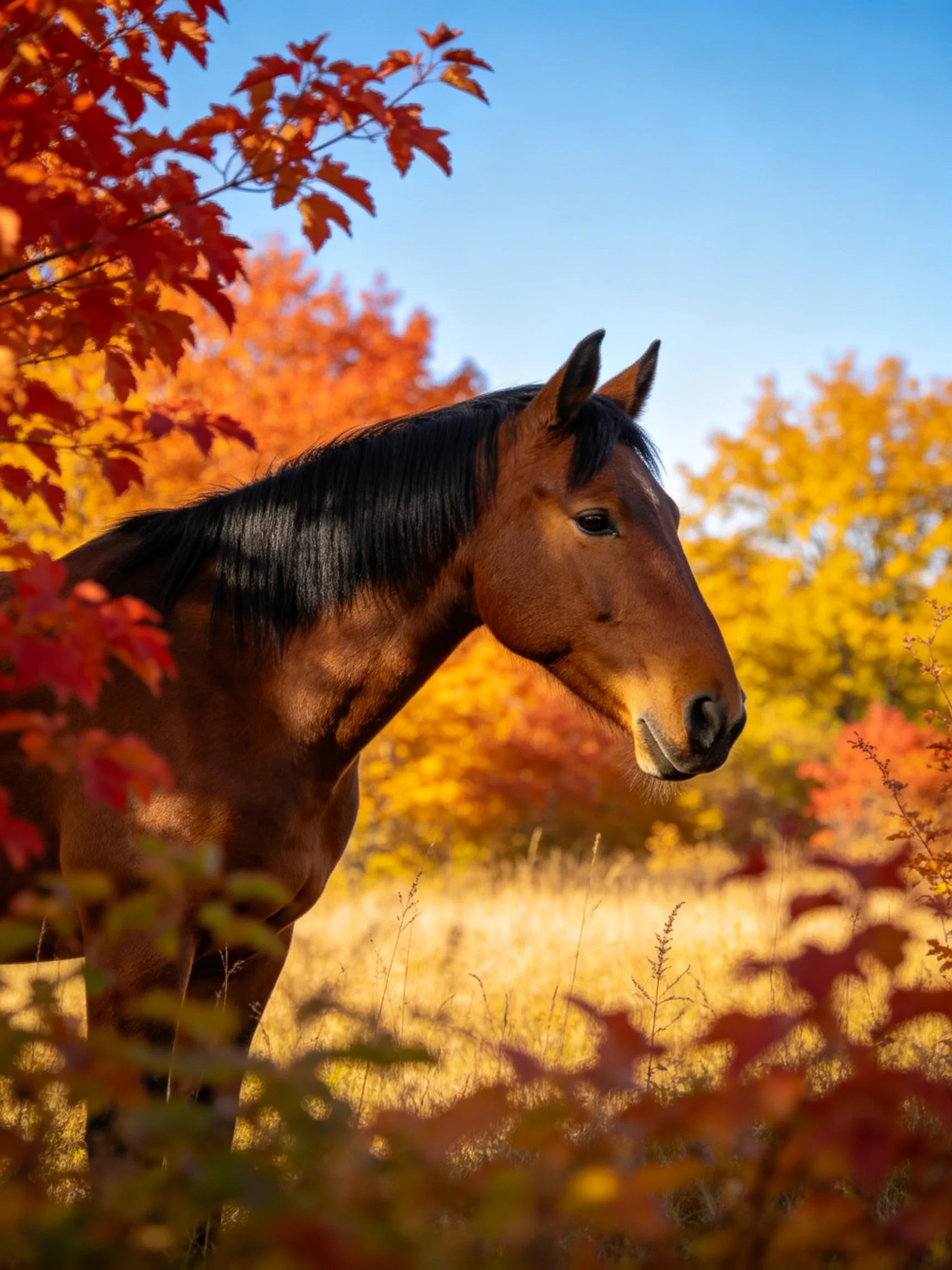 A brown horse amid vibrant autumn foliage under a clear blue sky
