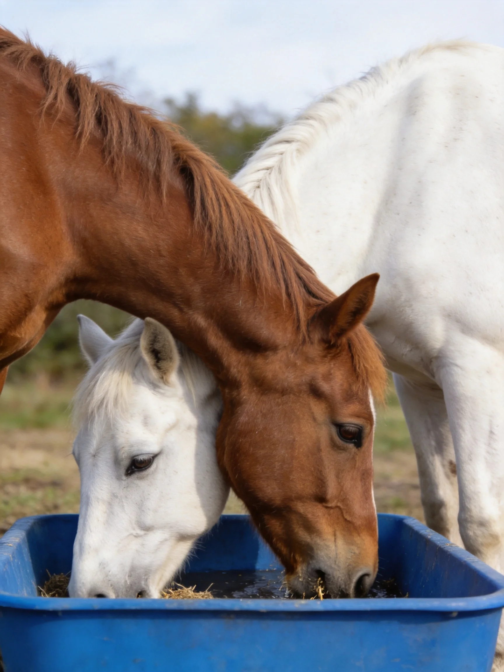A brown horse and a white horse drink from a blue container outdoors