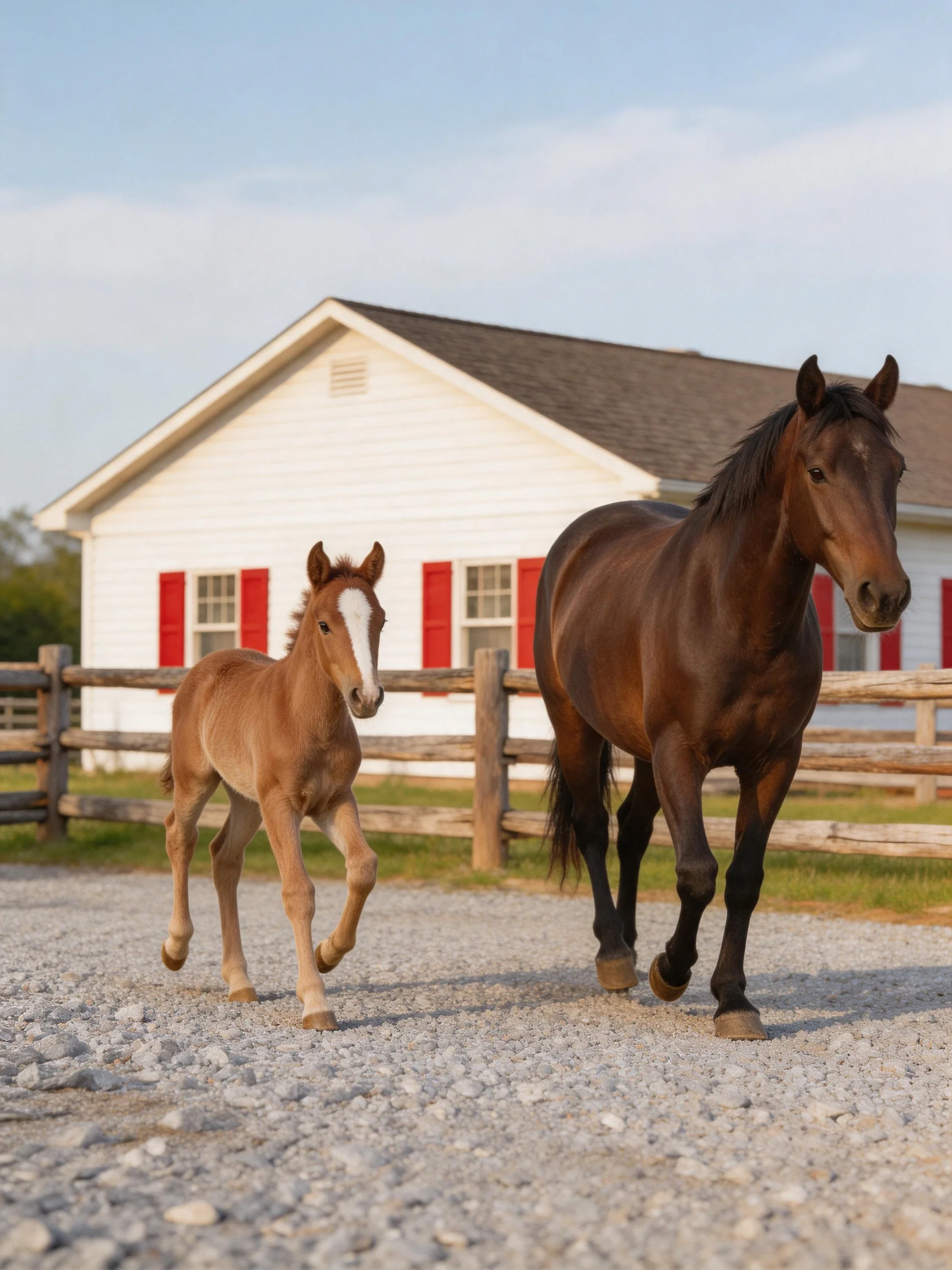 A brown horse and tan foal run near a white house with red shutters