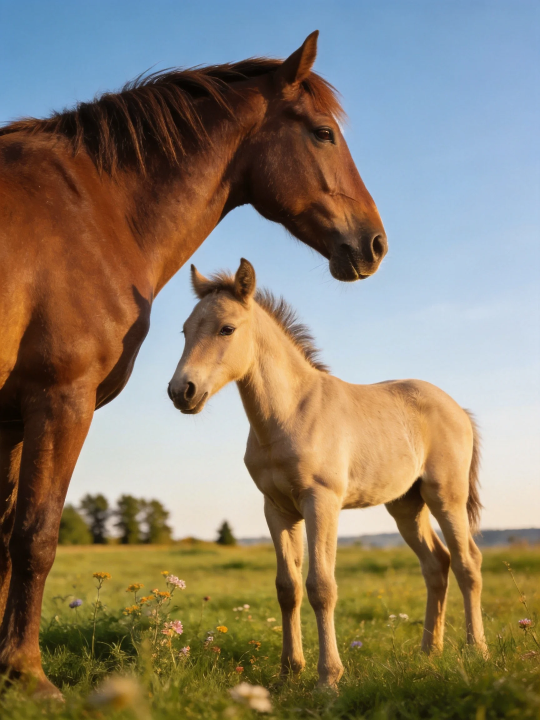 A brown horse and tan foal stand in a flowered meadow under blue sky