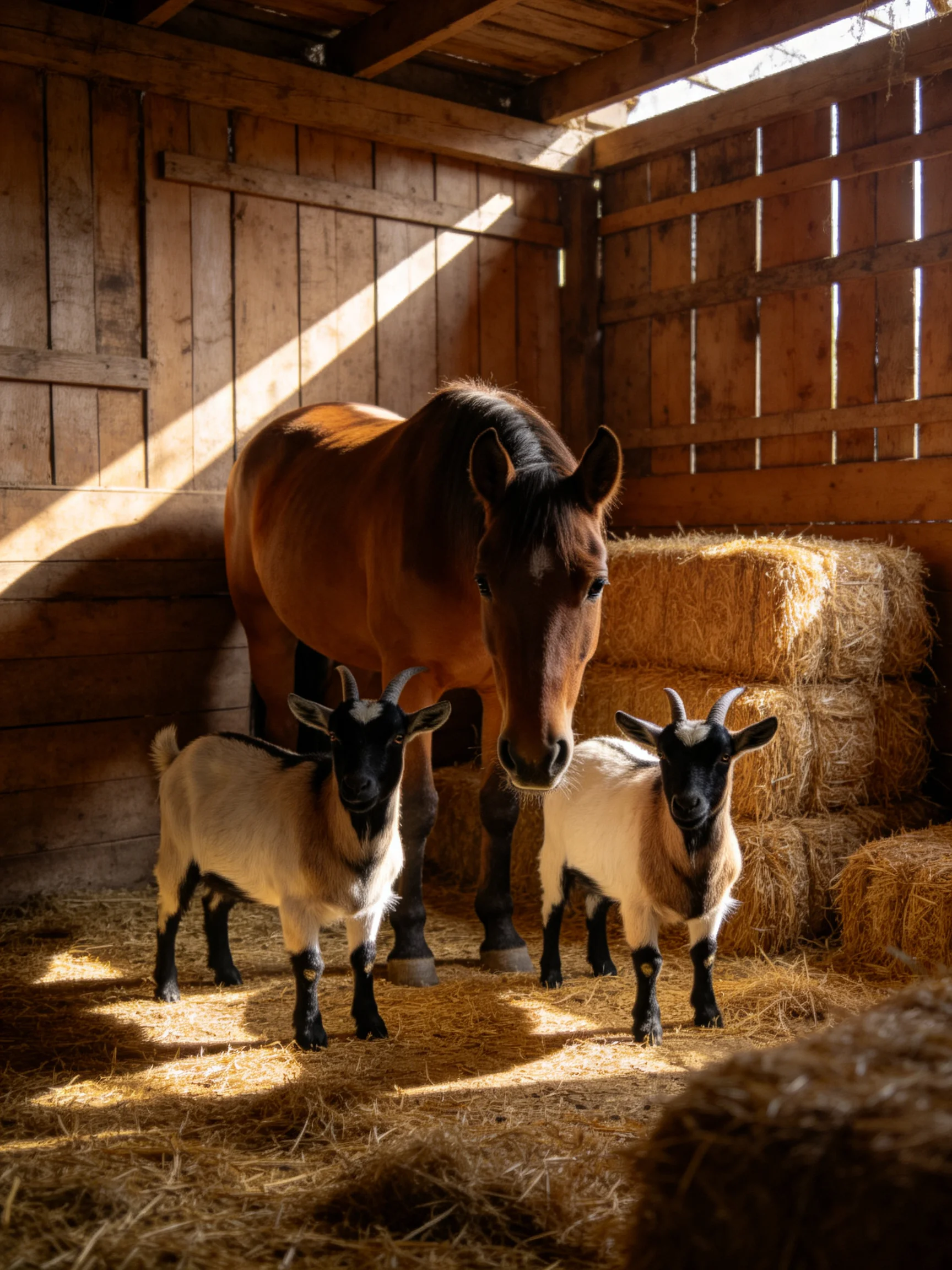 A brown horse and two goats in a rustic wooden barn with hay bales