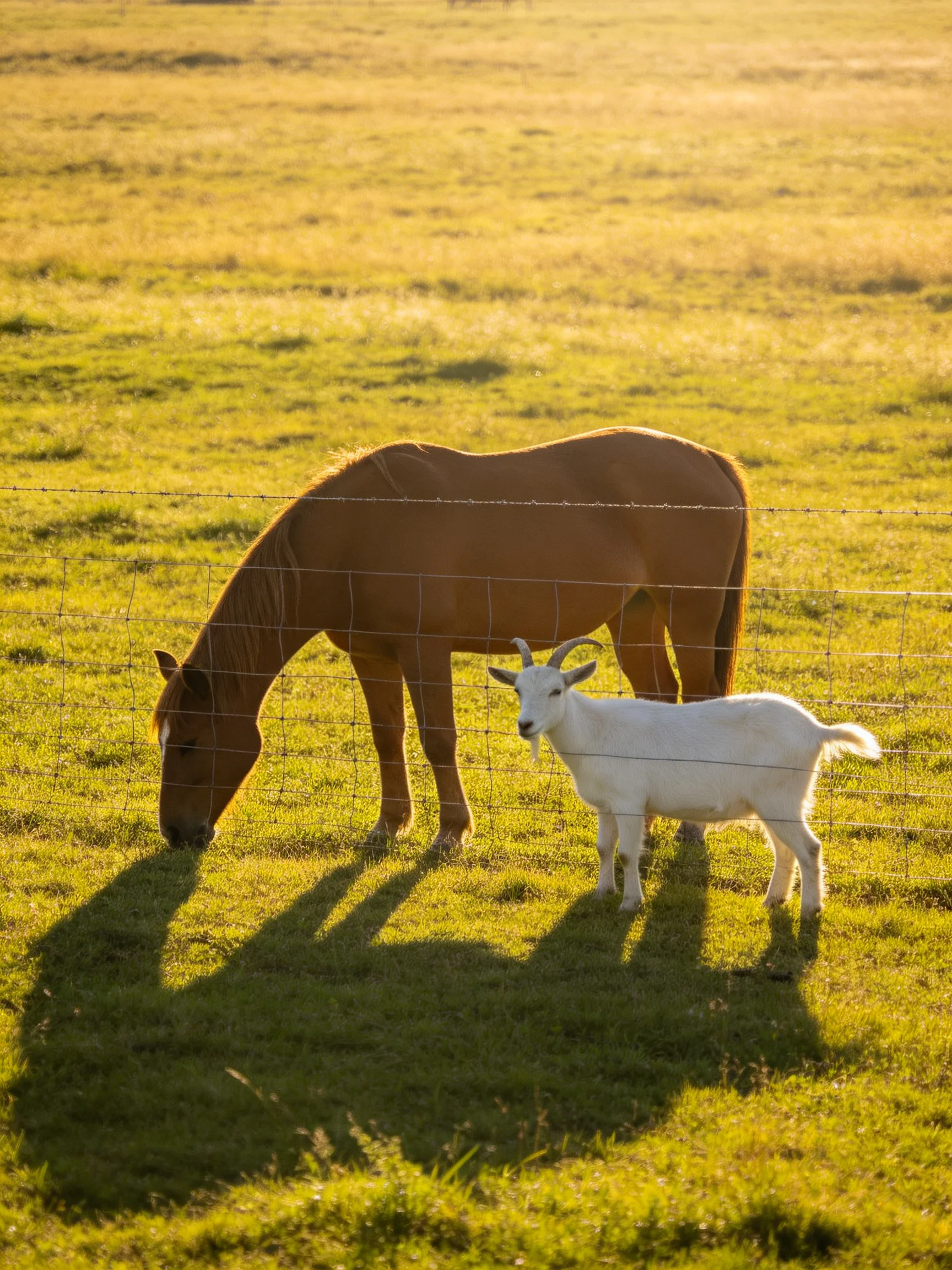 A brown horse and white goat graze behind a wire fence in a sunlit meadow.