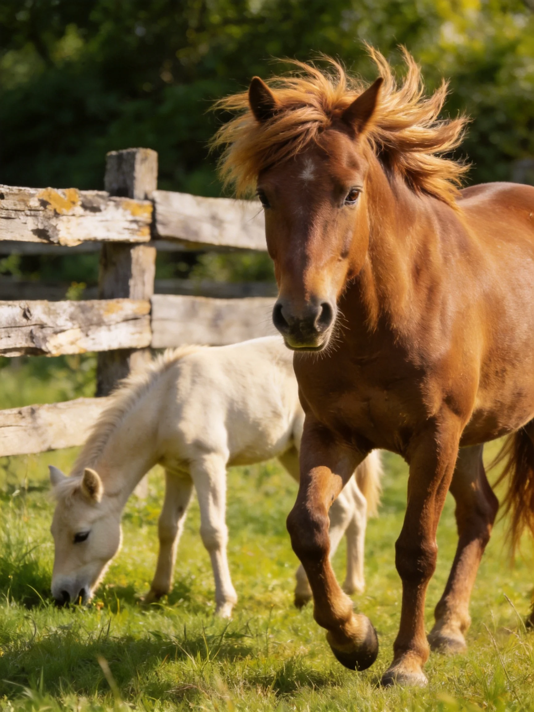 A brown horse and white pony near a weathered wooden fence