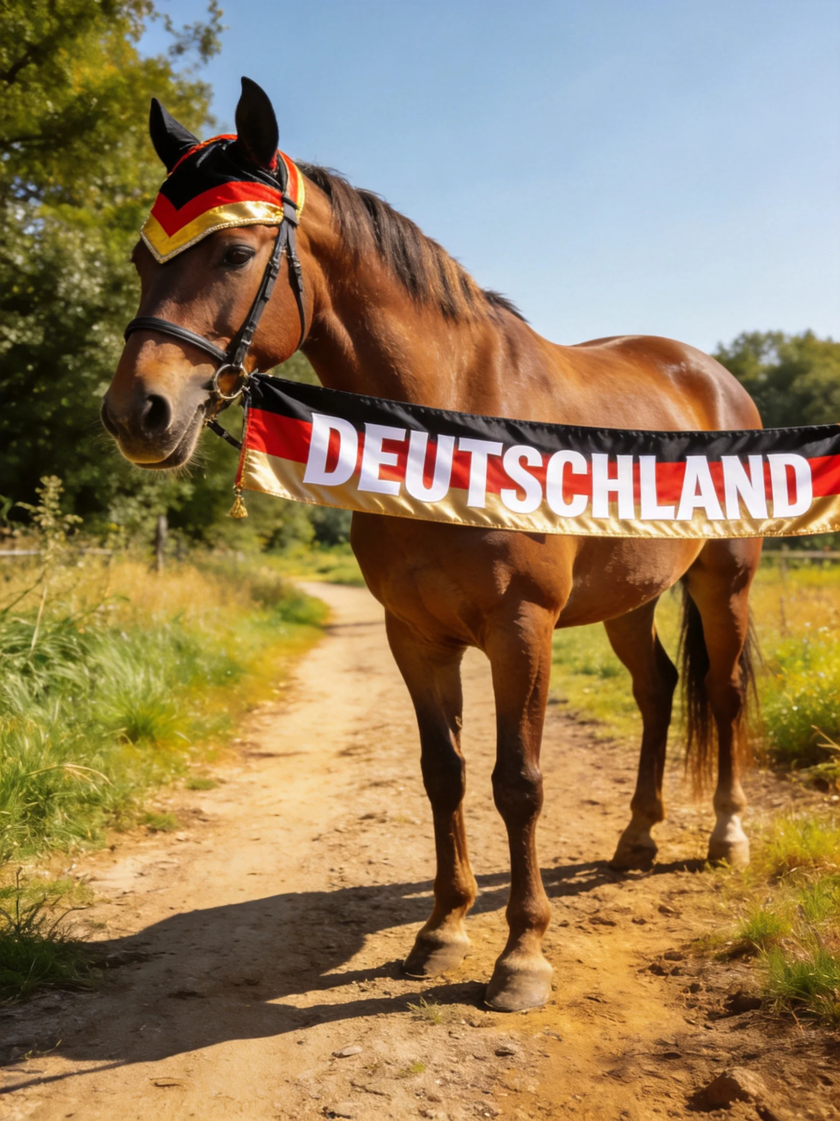 A brown horse decorated with German flag-themed headgear on a dirt path
