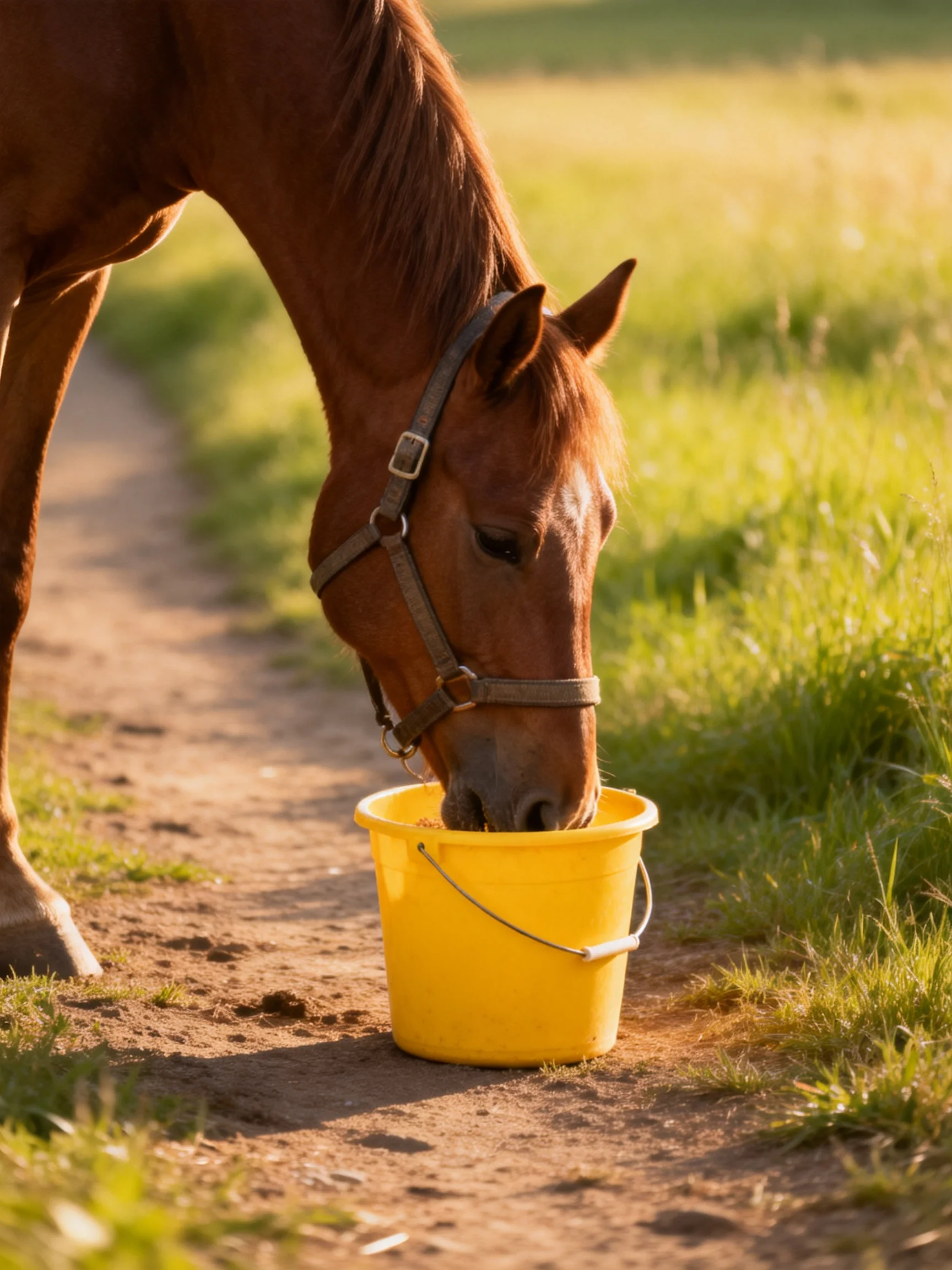 A brown horse drinks from a bright yellow bucket on a dirt path