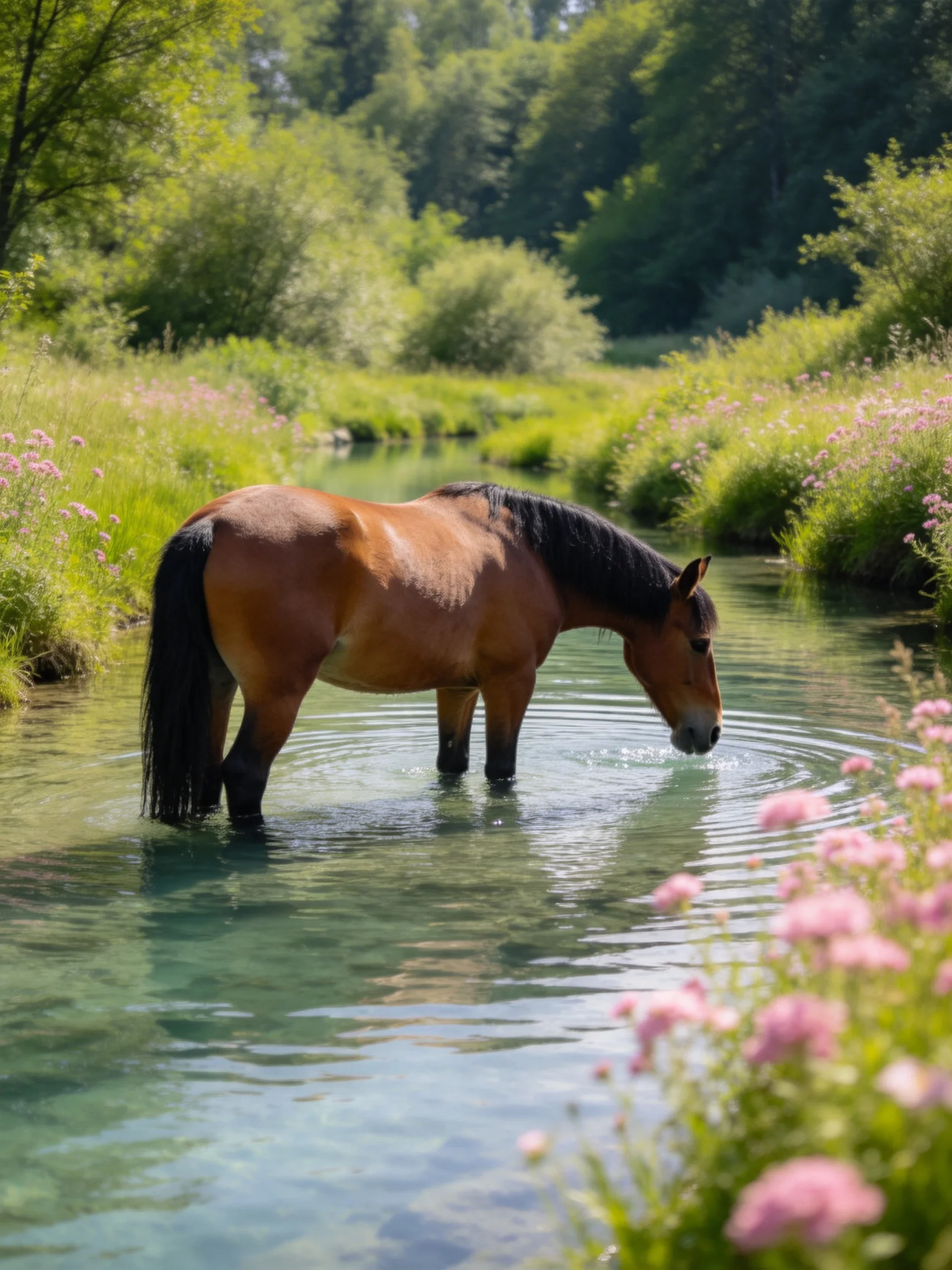 A brown horse drinks from a clear stream amid lush greenery and pink wildflowers