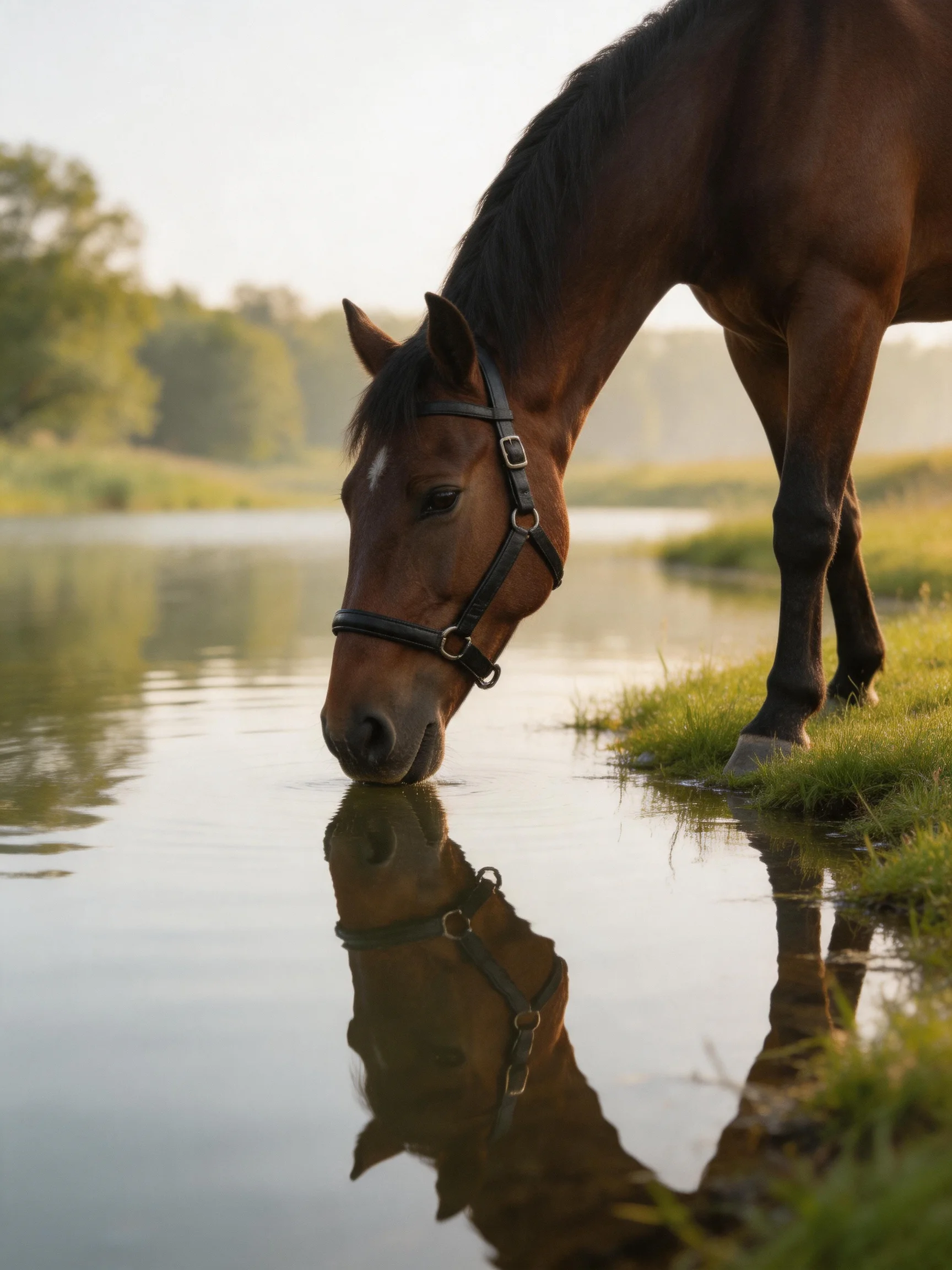 A brown horse drinks from calm water near green grass