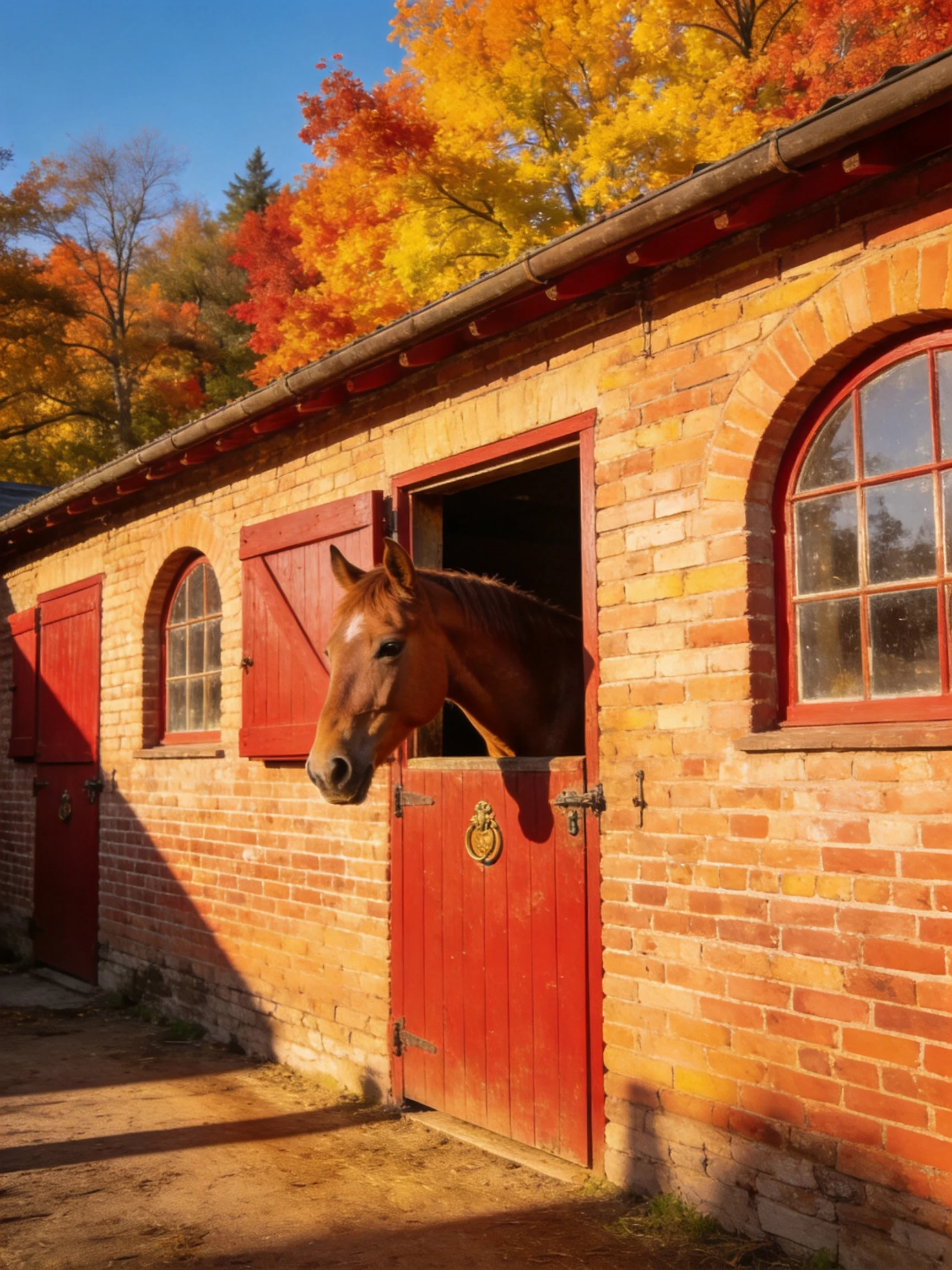 A brown horse emerges from a red-brick stable amid colorful fall foliage