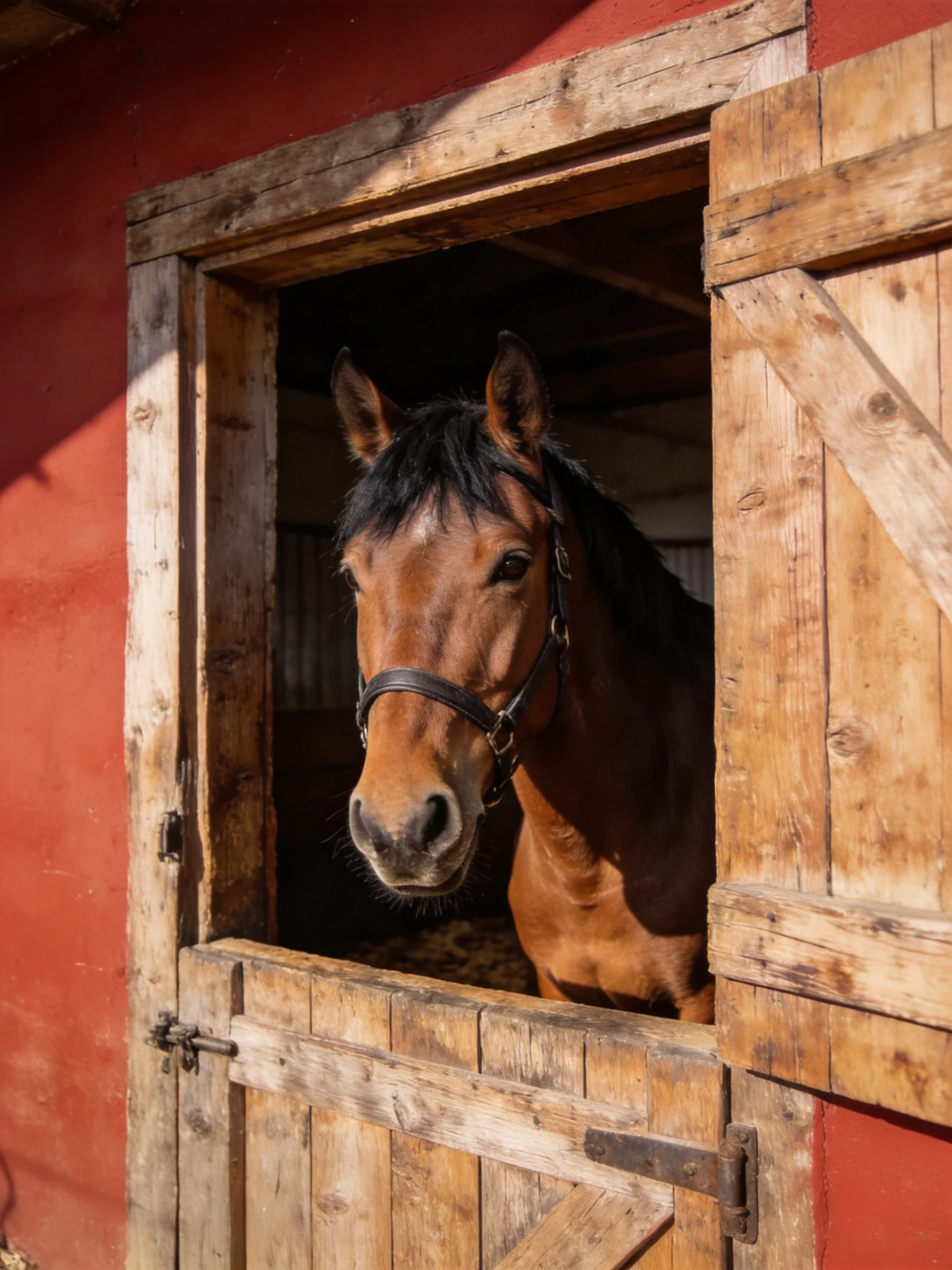 A brown horse emerges from an aged wooden stable entrance with a red wall