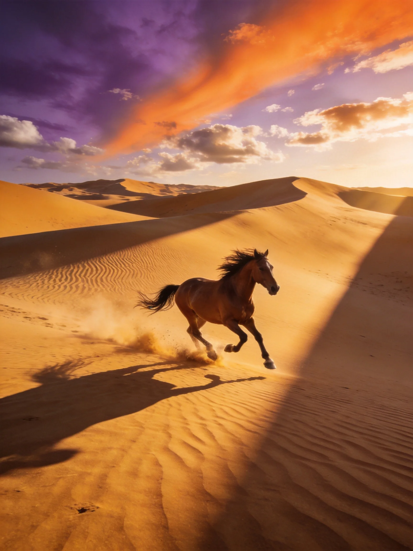 A brown horse galloping across golden sand dunes under vibrant sunset skies