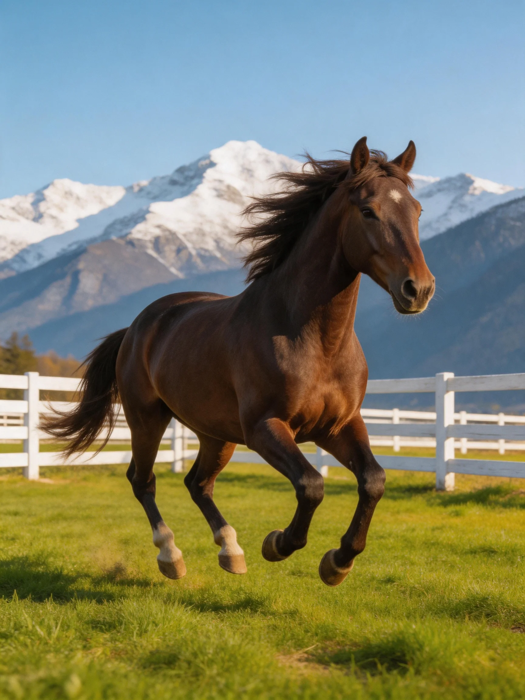 A brown horse galloping near a white fence with snow - capped mountains