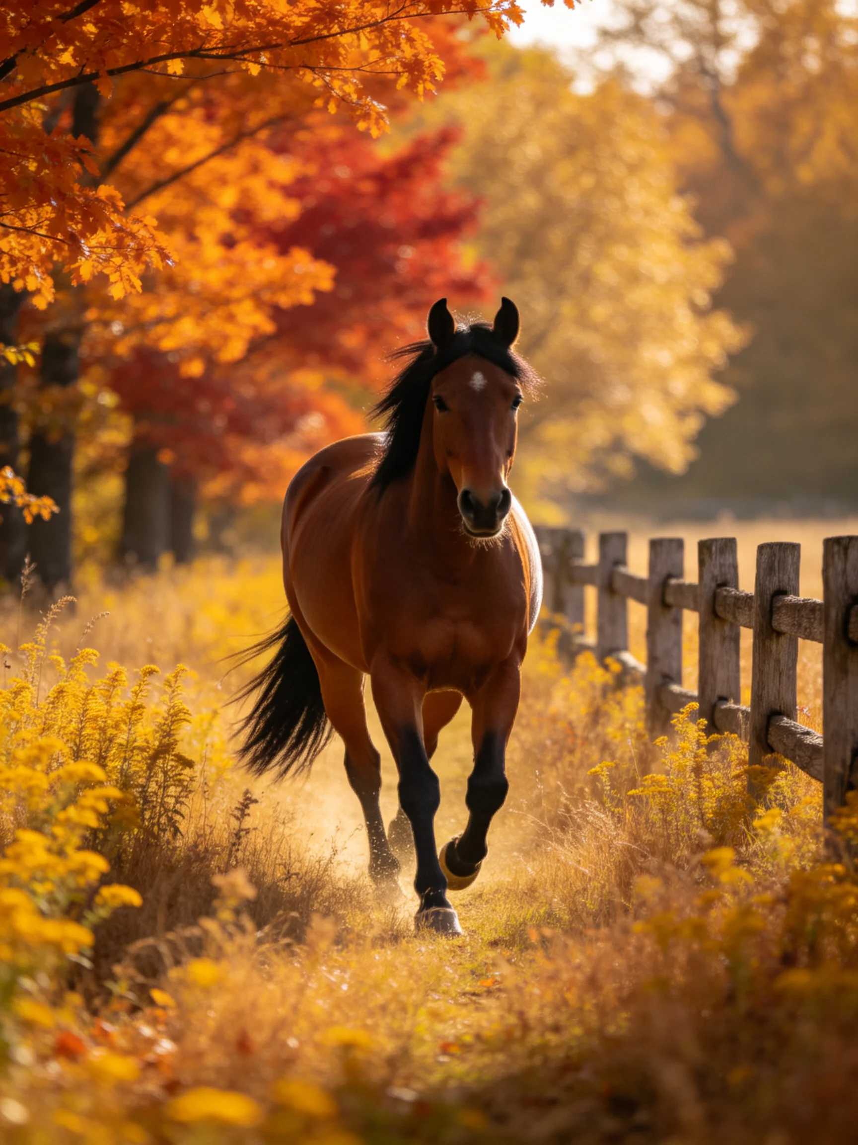 A brown horse galloping through a sun-drenched autumn meadow with vibrant foliage