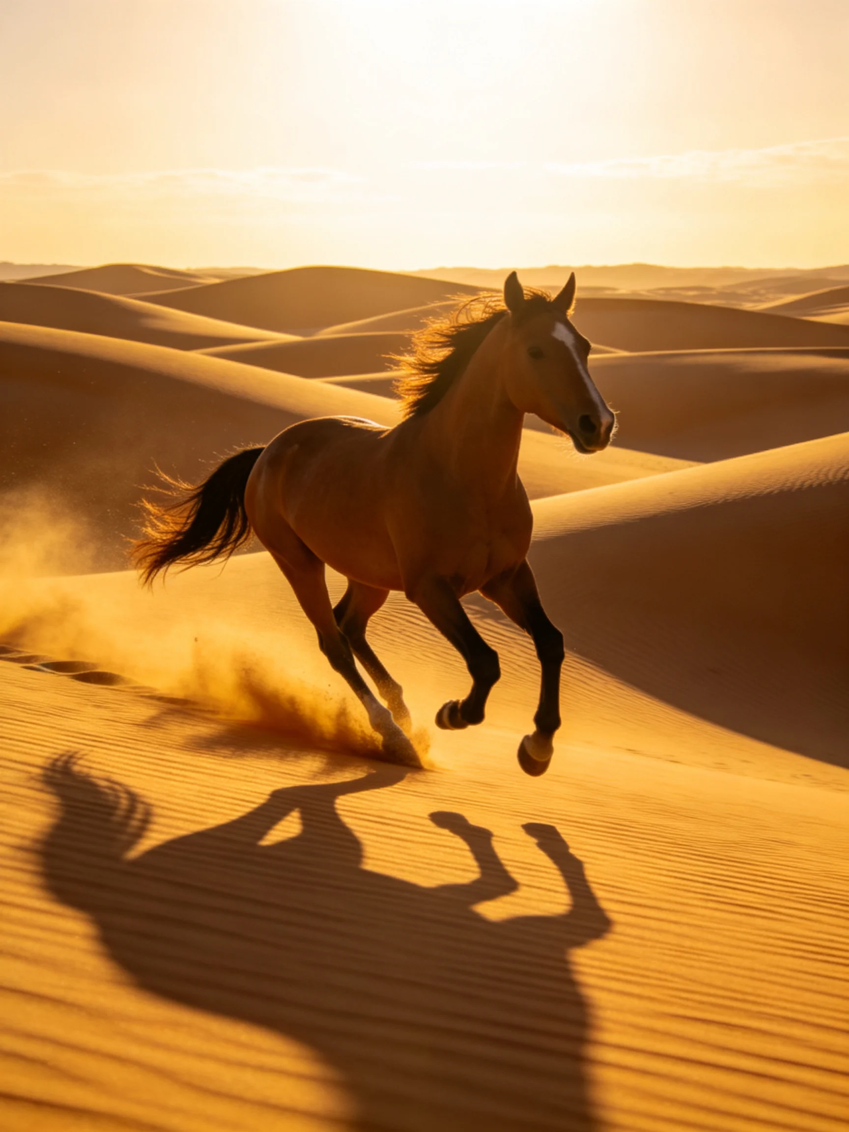 A brown horse galloping through golden sand dunes at sunset