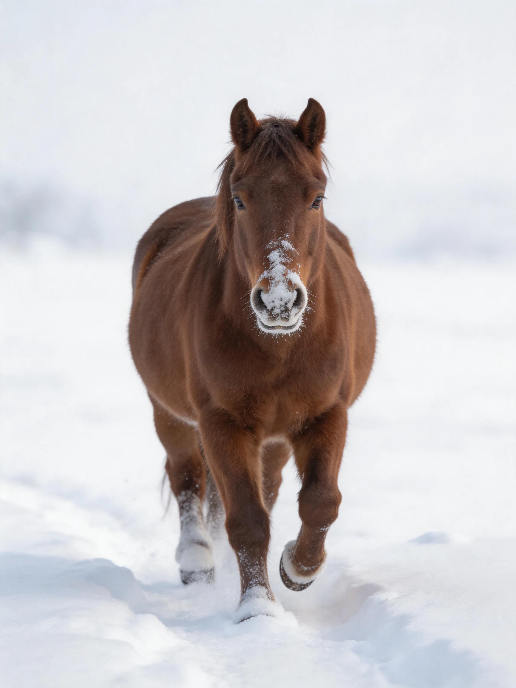 A brown horse gallops through a snow - filled open field with frost on its snout