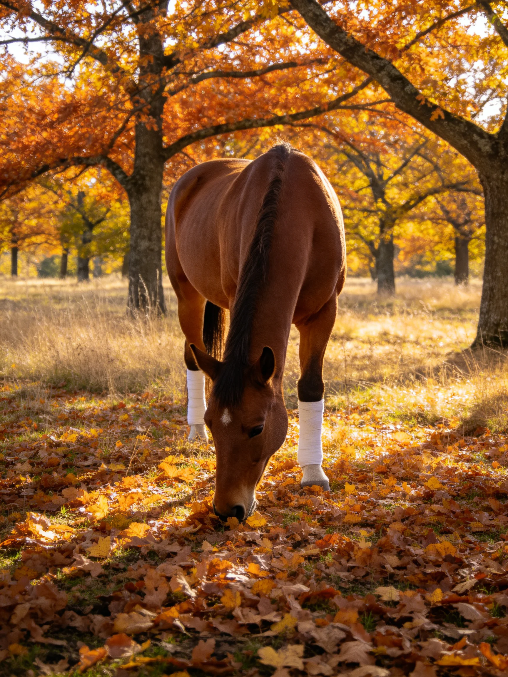 A brown horse grazes in a sunlit autumn field with fallen leaves and trees.