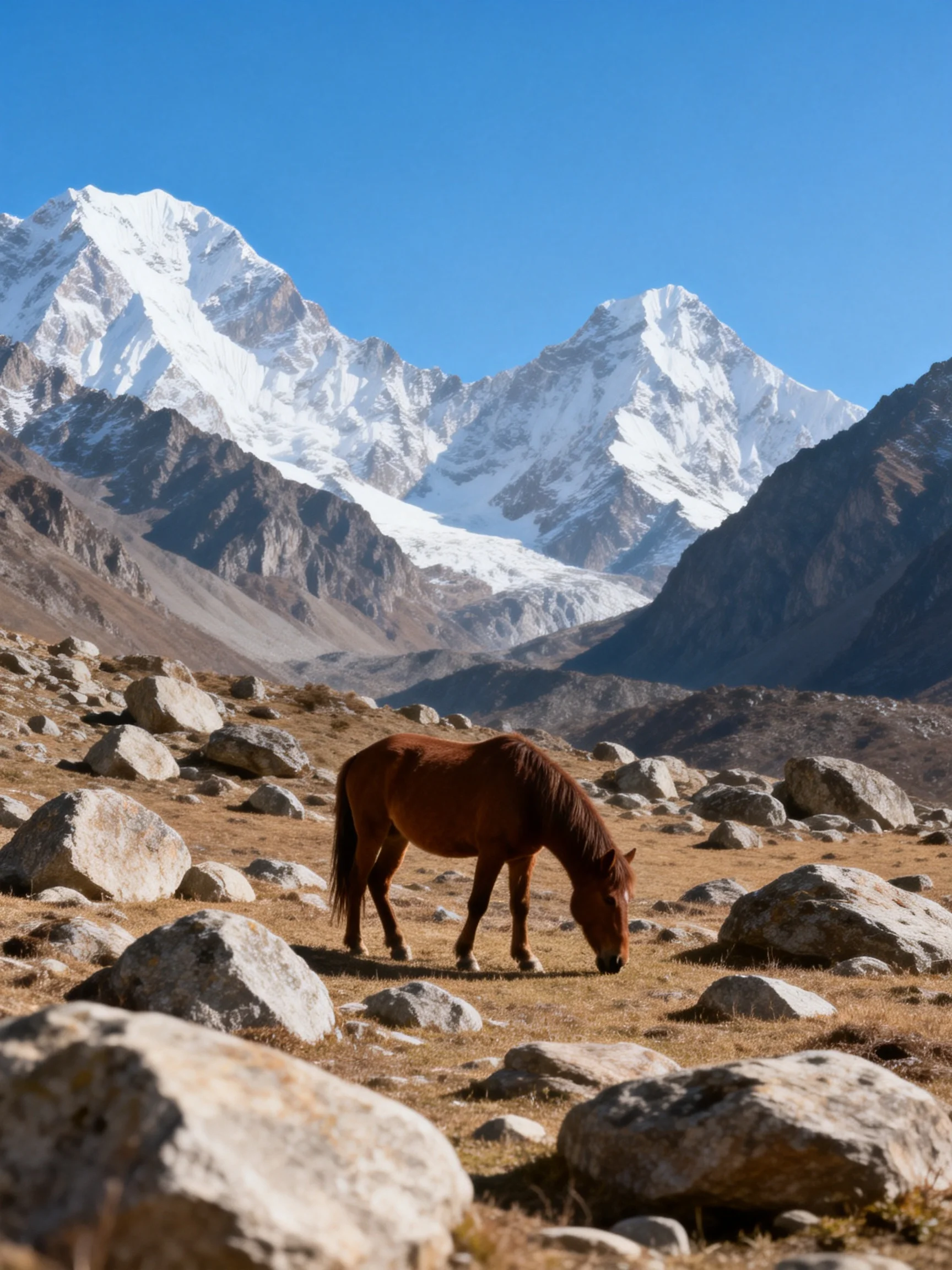 A brown horse grazes amid rocks with towering snow - capped mountains