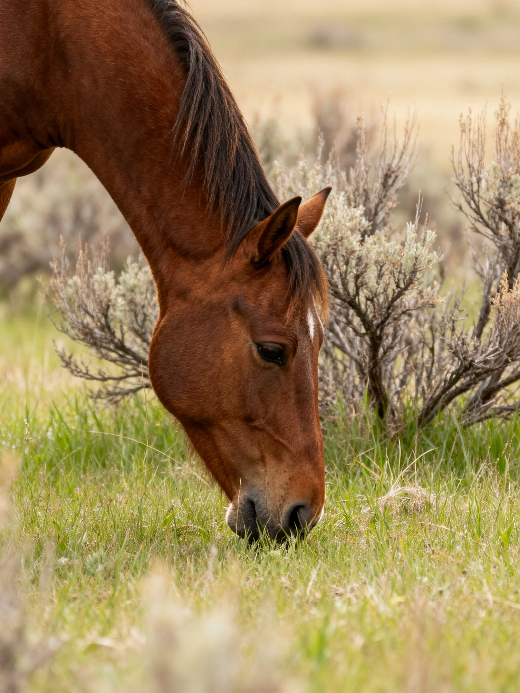 A brown horse grazes amid sagebrush and lush greenery