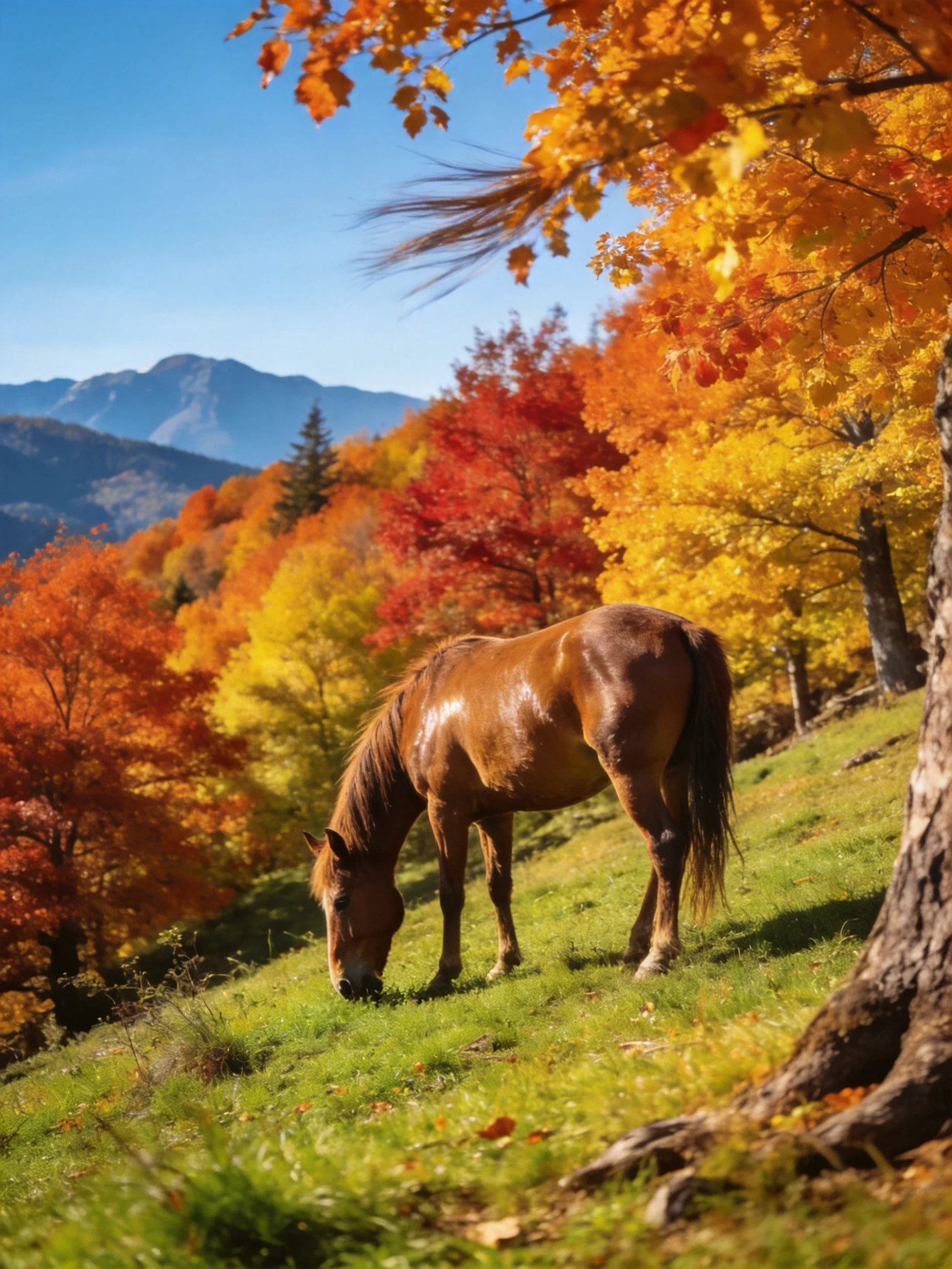 A brown horse grazes among vibrant fall foliage and distant mountains
