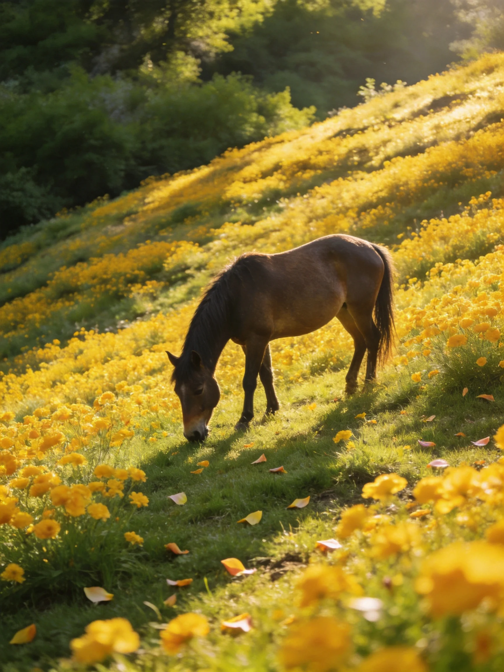 A brown horse grazes among vibrant yellow wildflowers on a sunlit hillside