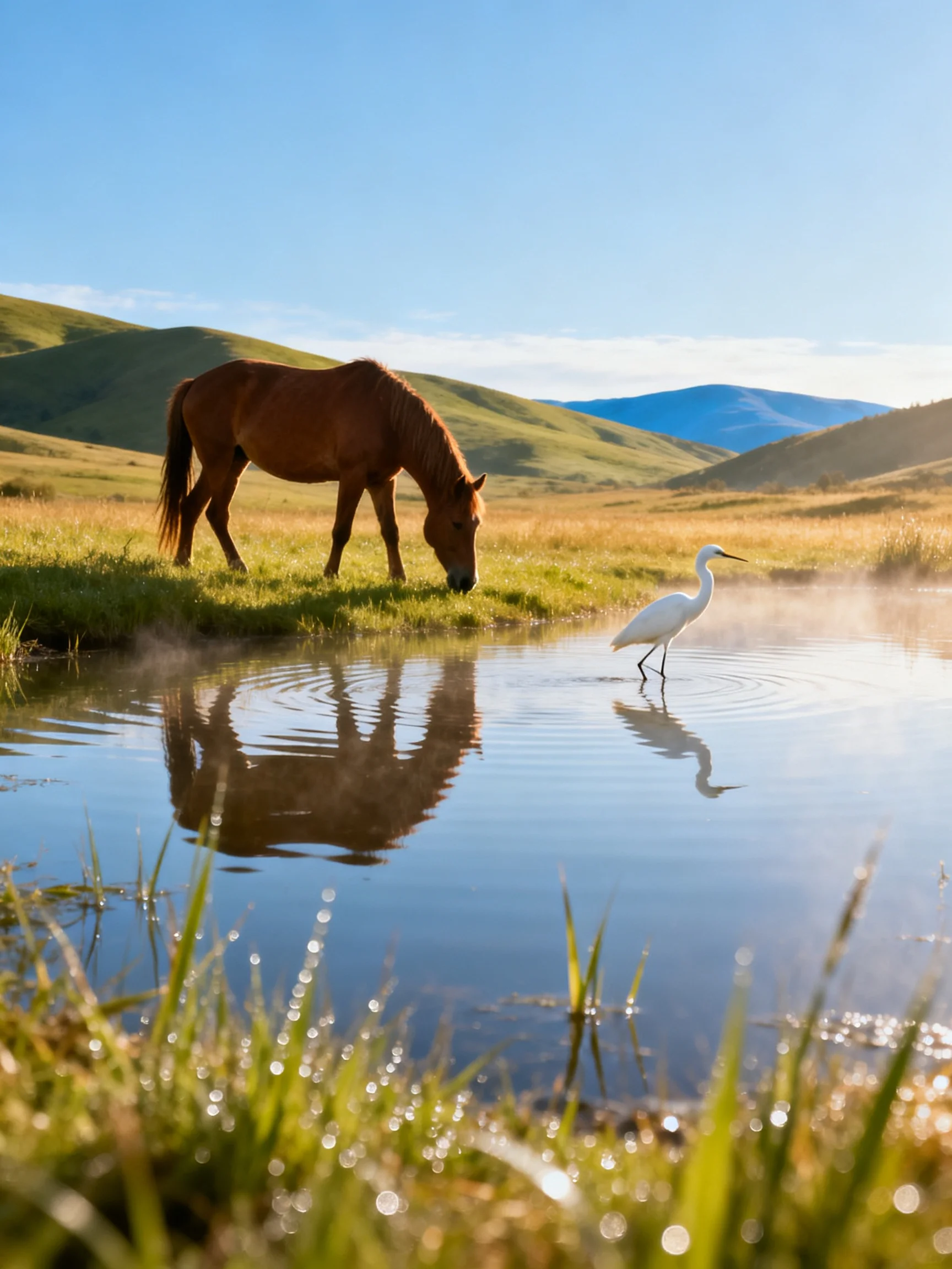 A brown horse grazes beside a white egret by a misty pond