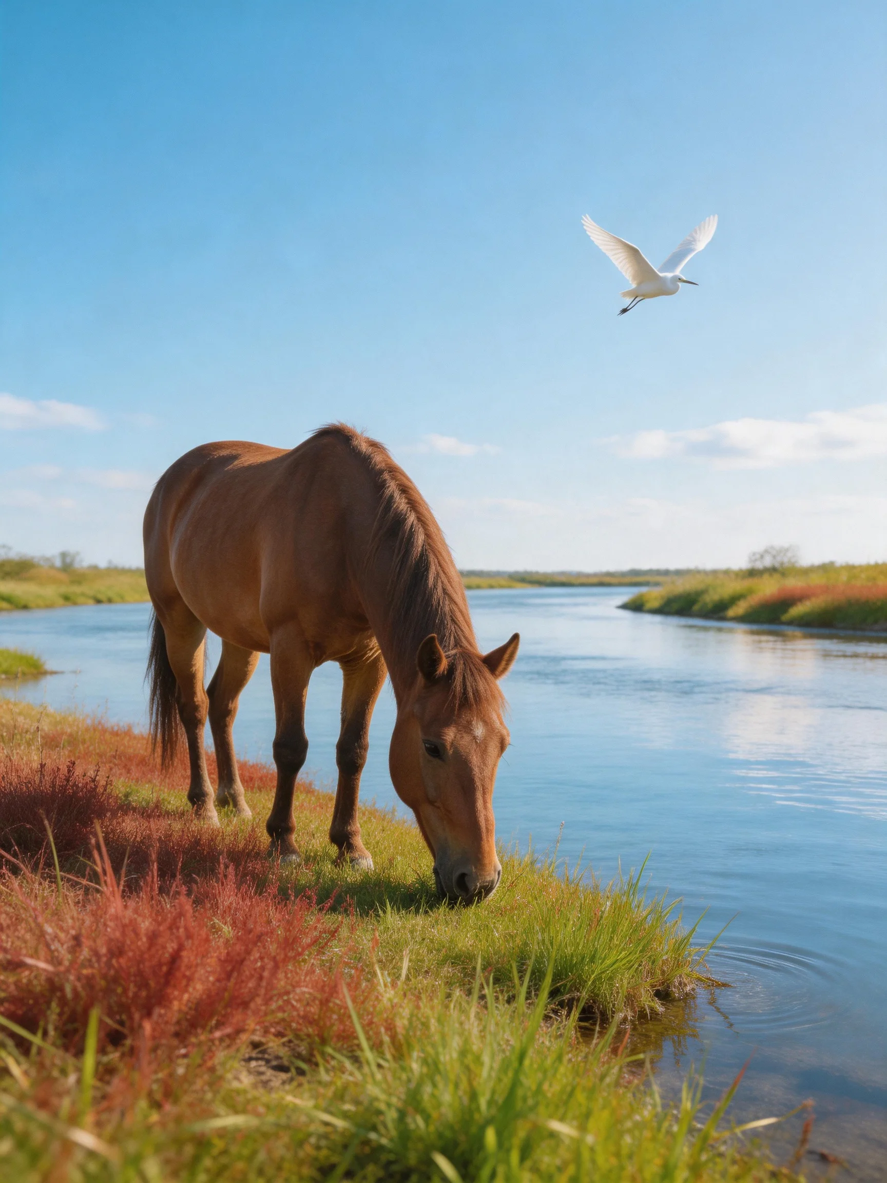 A brown horse grazes by a calm river with a white bird flying overhead