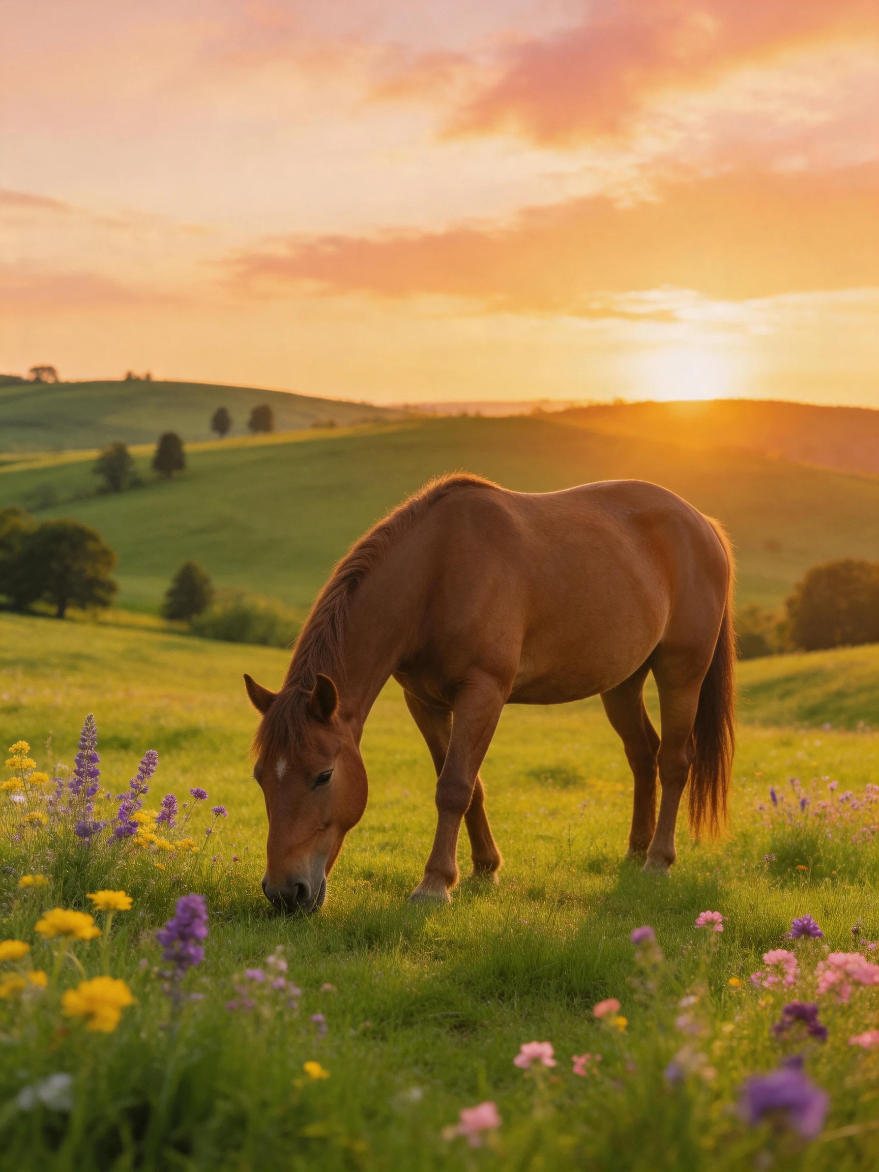 A brown horse grazes in a colorful flower-dotted meadow at sunset