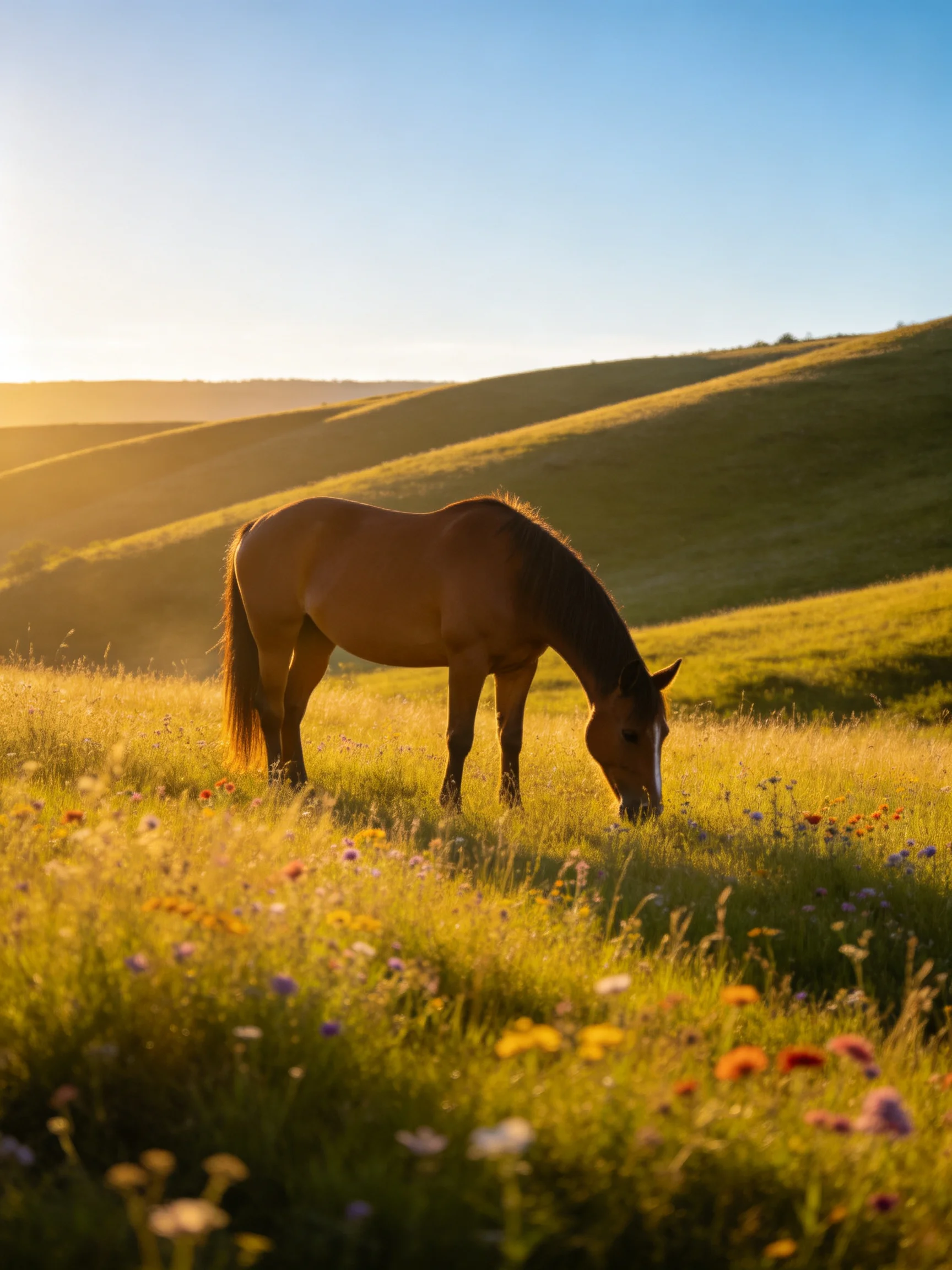 A brown horse grazes in a sunlit meadow with vibrant wildflowers.