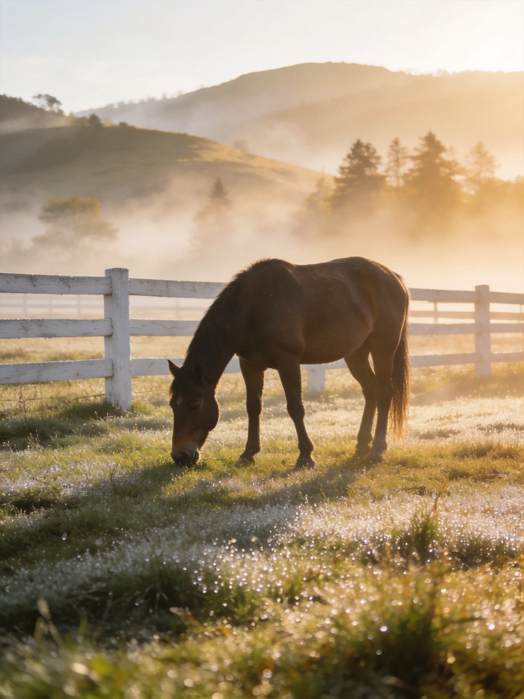 A brown horse grazes in a dewy pasture with white fences and misty hills