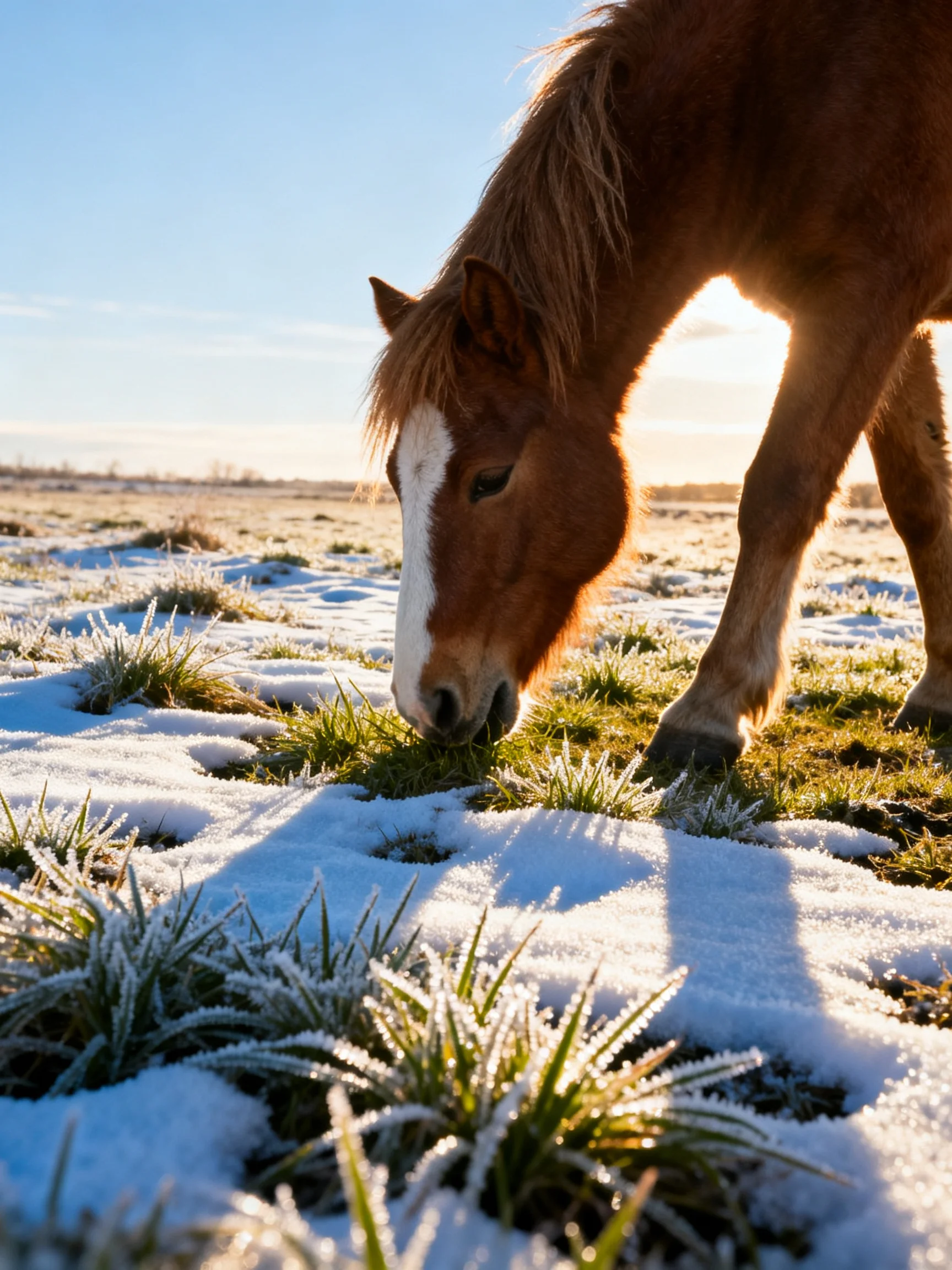 A brown horse grazes in a frosty, snow-dusted field under bright sunlight