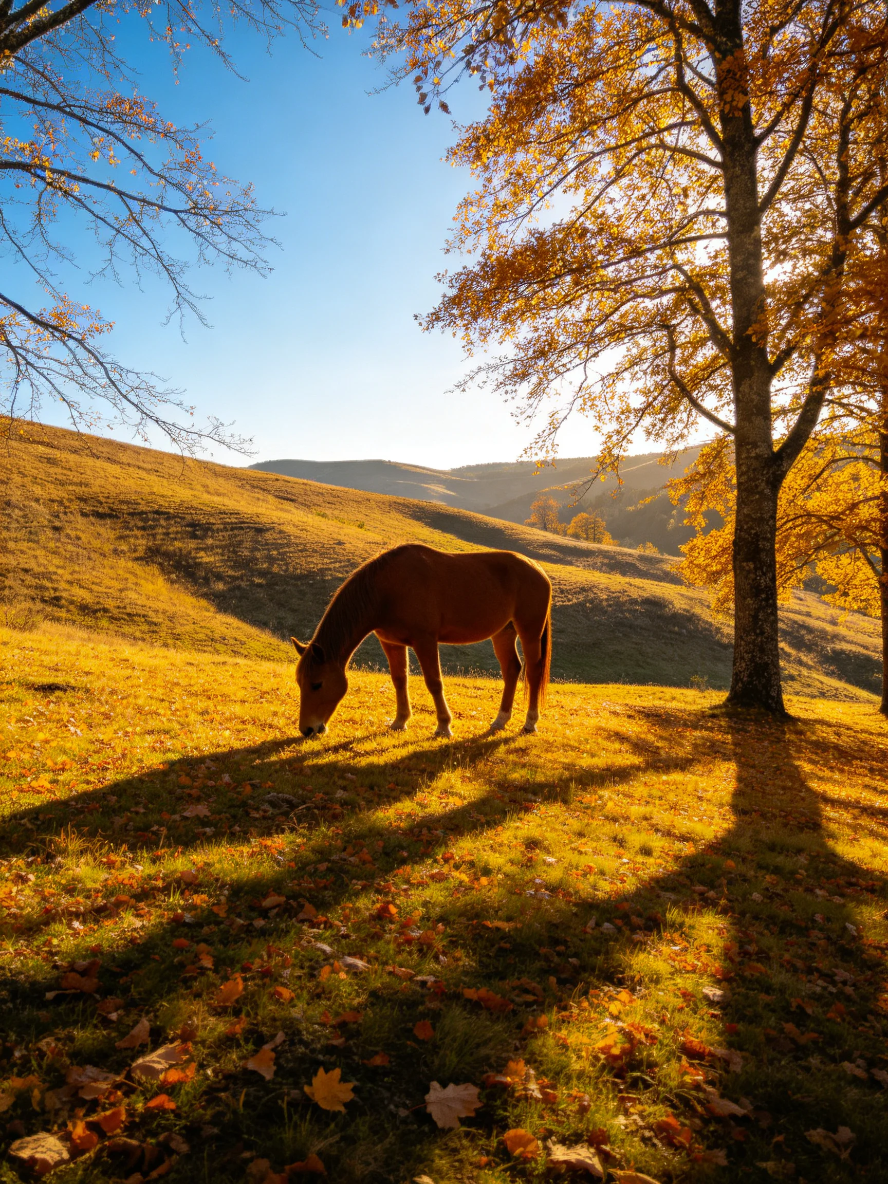 A brown horse grazes in a golden autumn hillside with tall trees