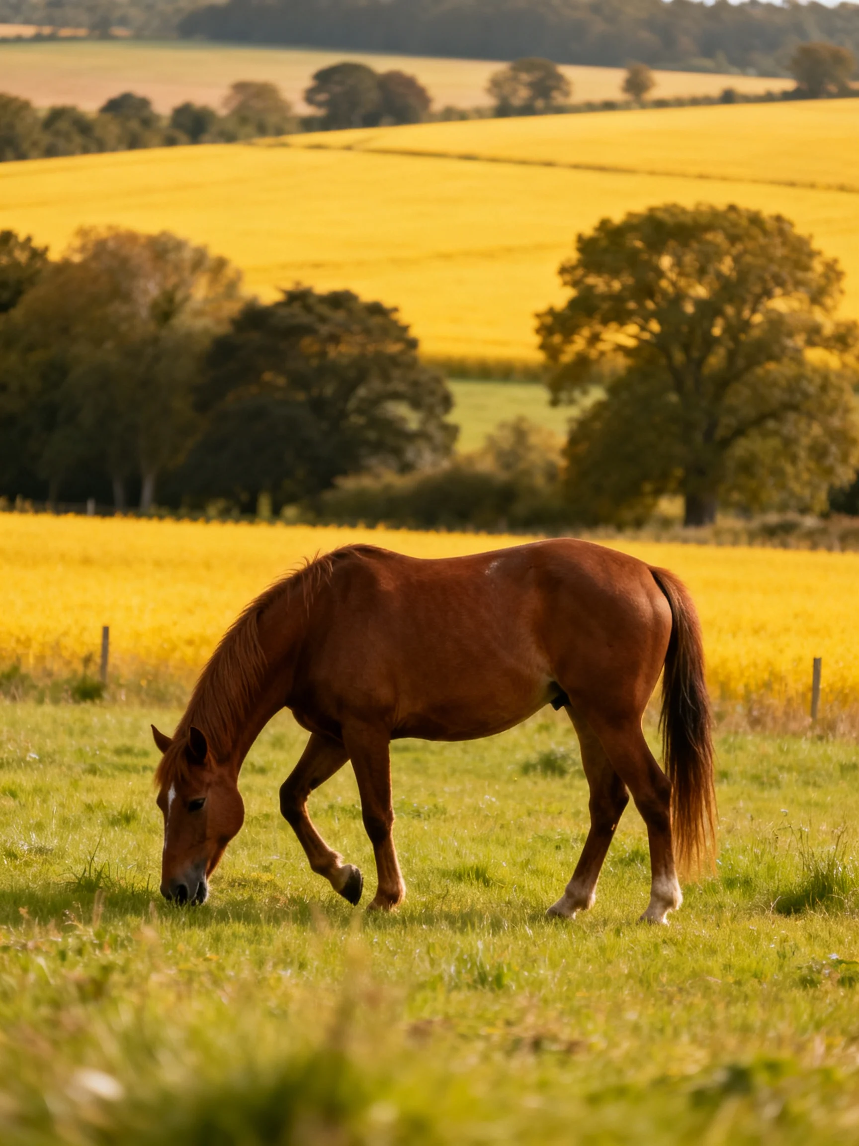 A brown horse grazes in a golden countryside landscape