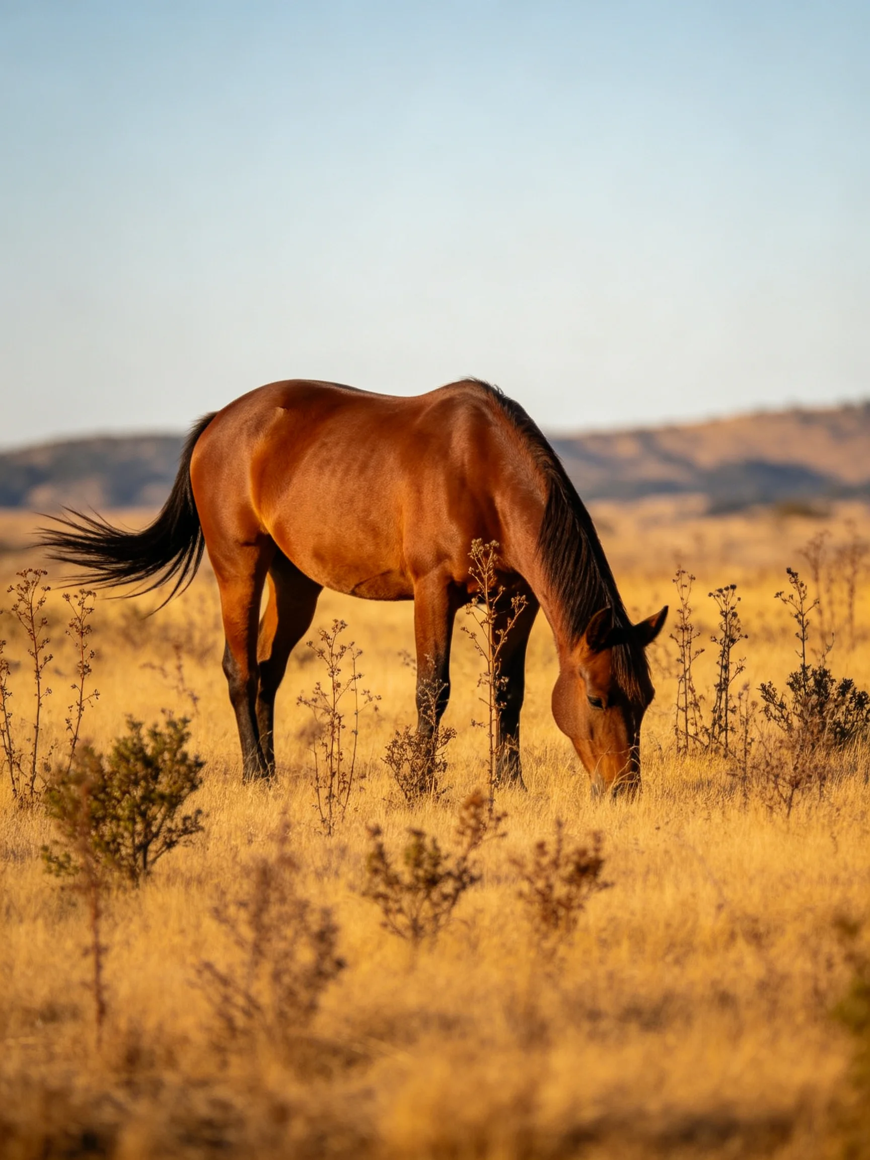 A brown horse grazes in a golden dry grassland with distant hills