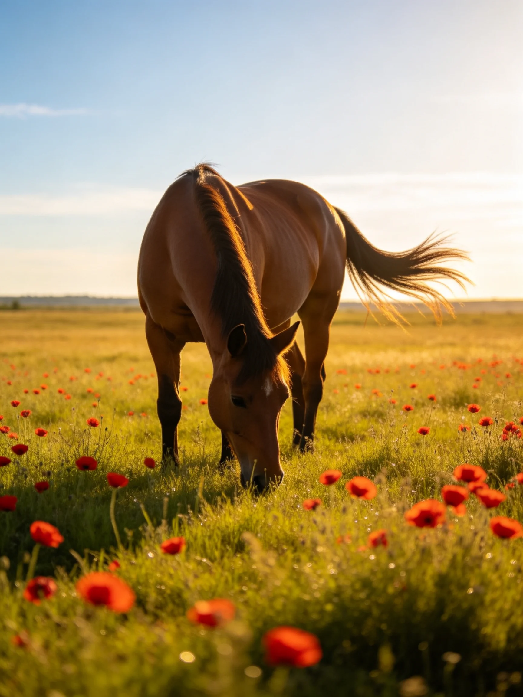 A brown horse grazes in a golden field of red poppies