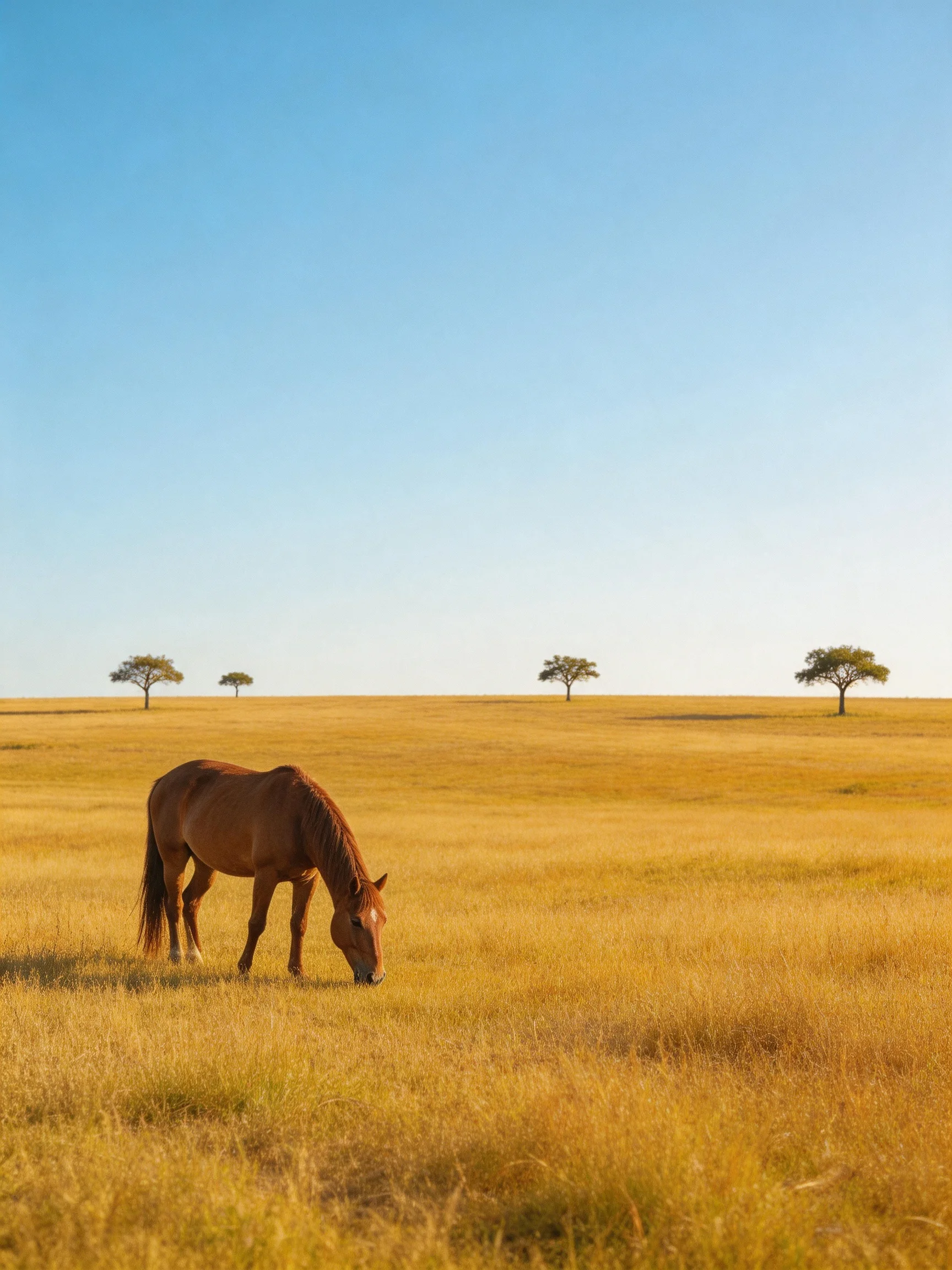 A brown horse grazes in a golden field with four distant trees