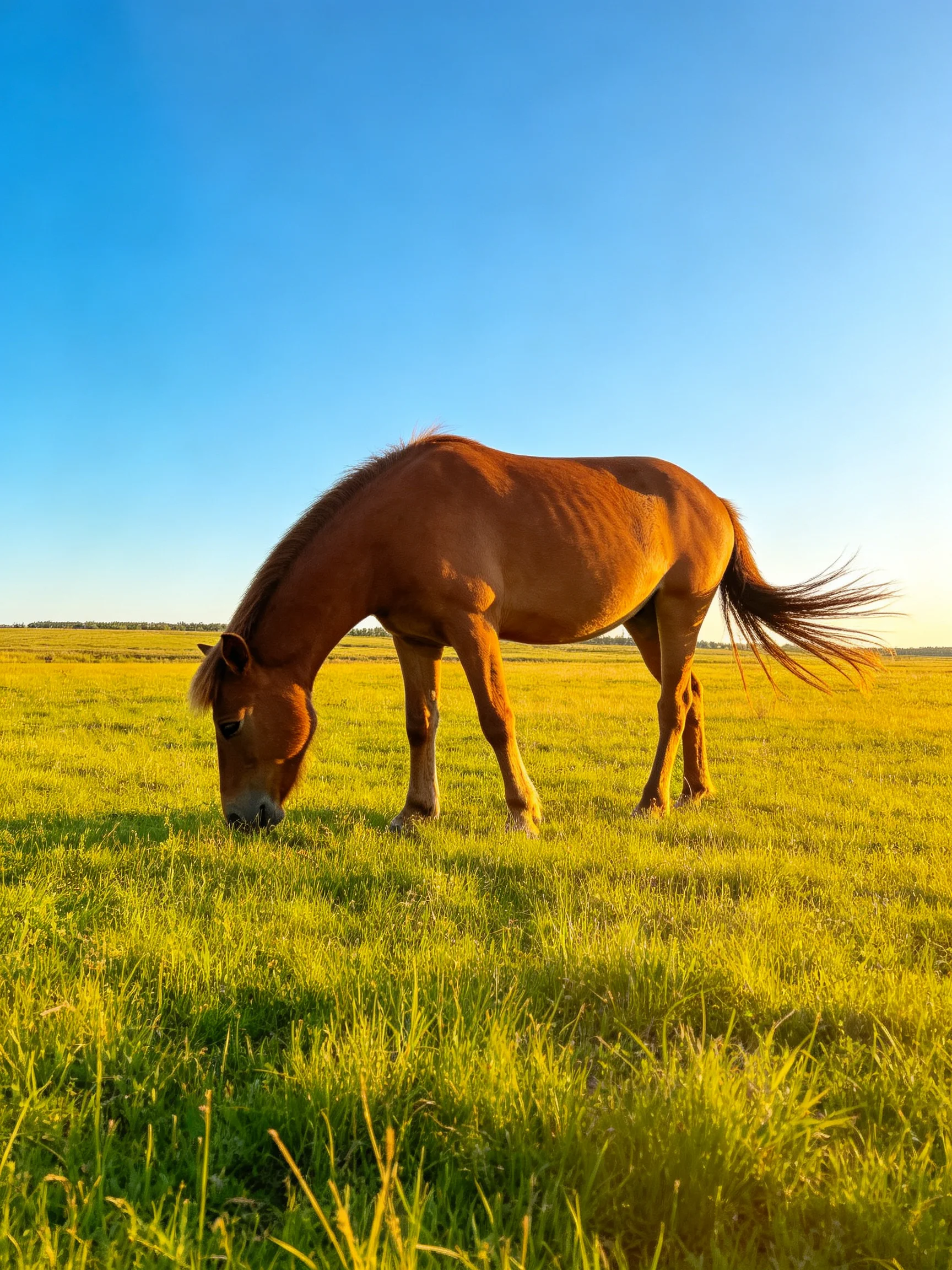 A brown horse grazes in a vast green meadow under a clear blue sky