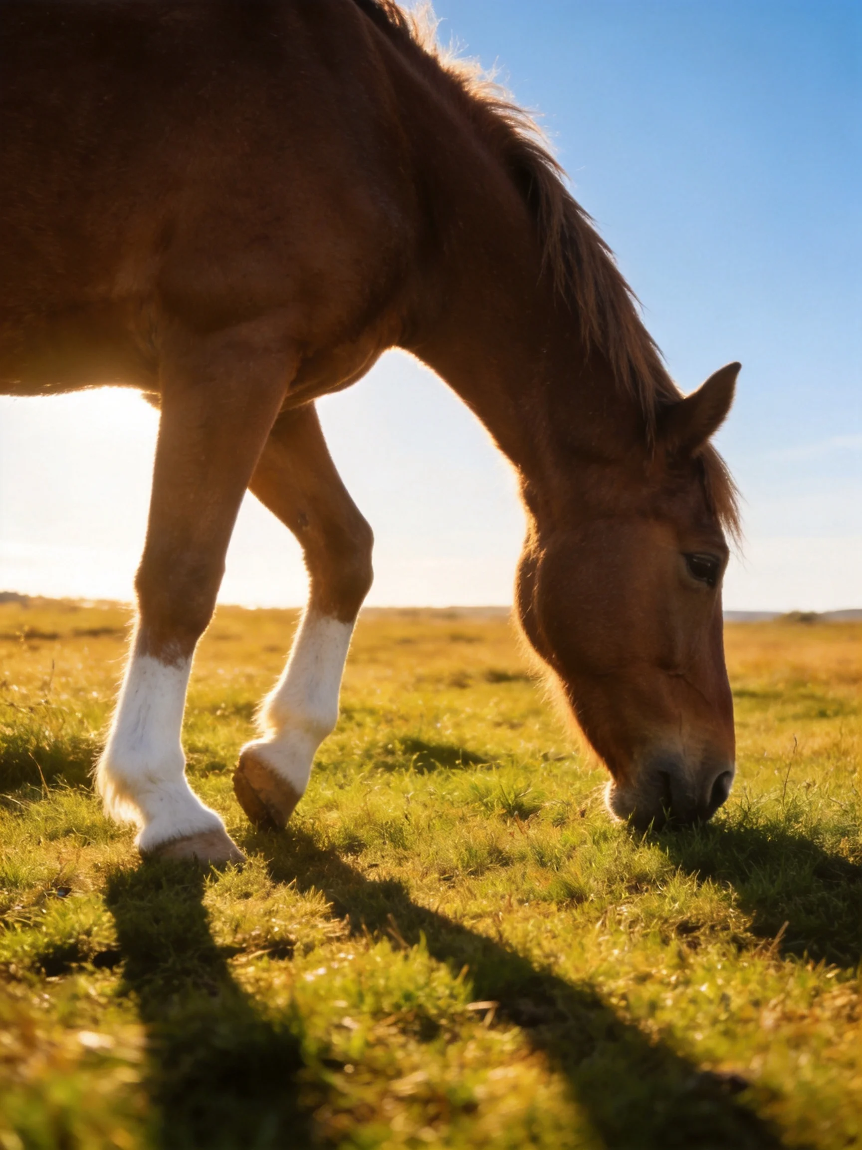 A brown horse grazes in a golden-green meadow under bright sunlight
