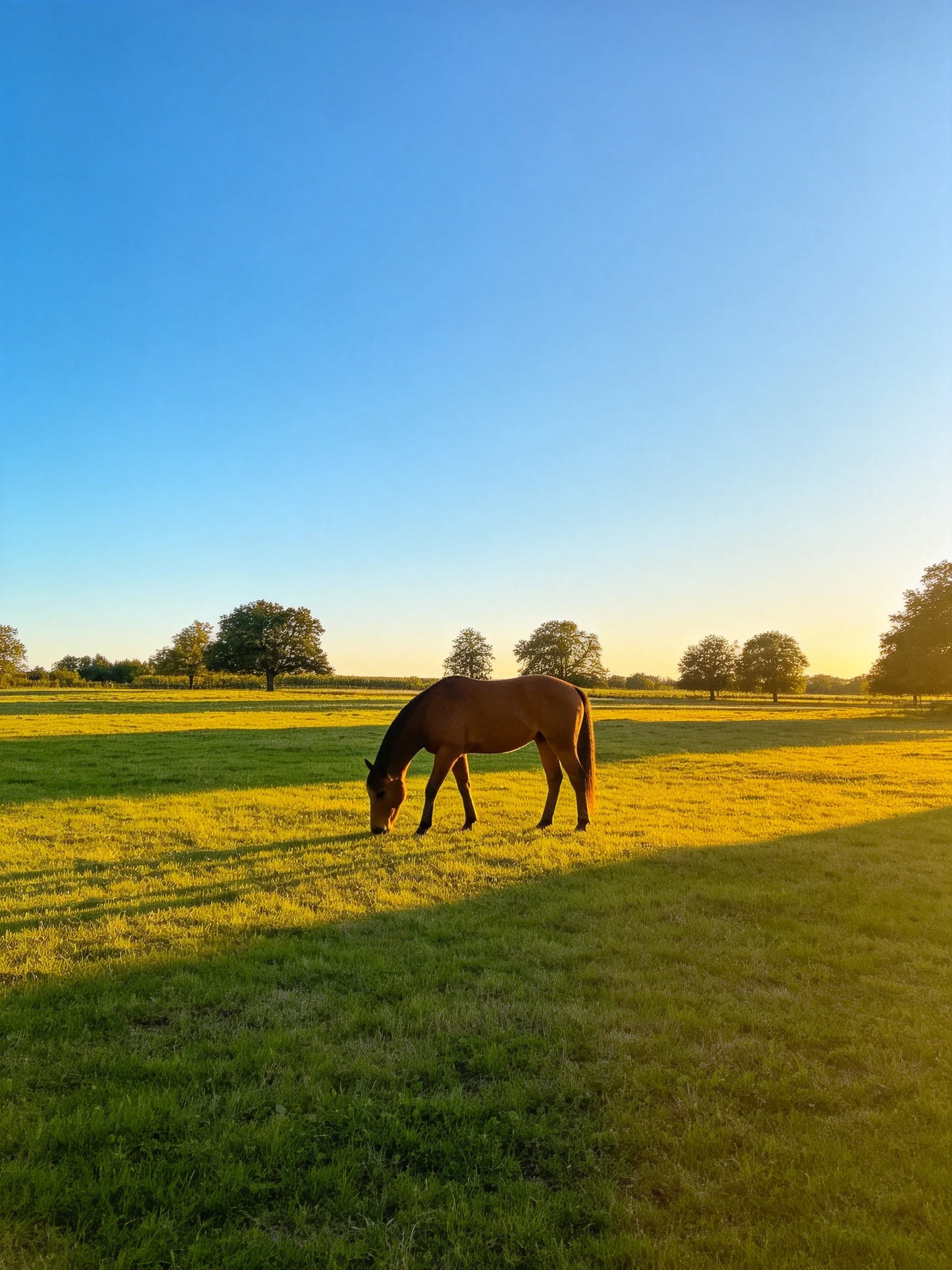 A brown horse grazes in a golden-lit green meadow with blue sky