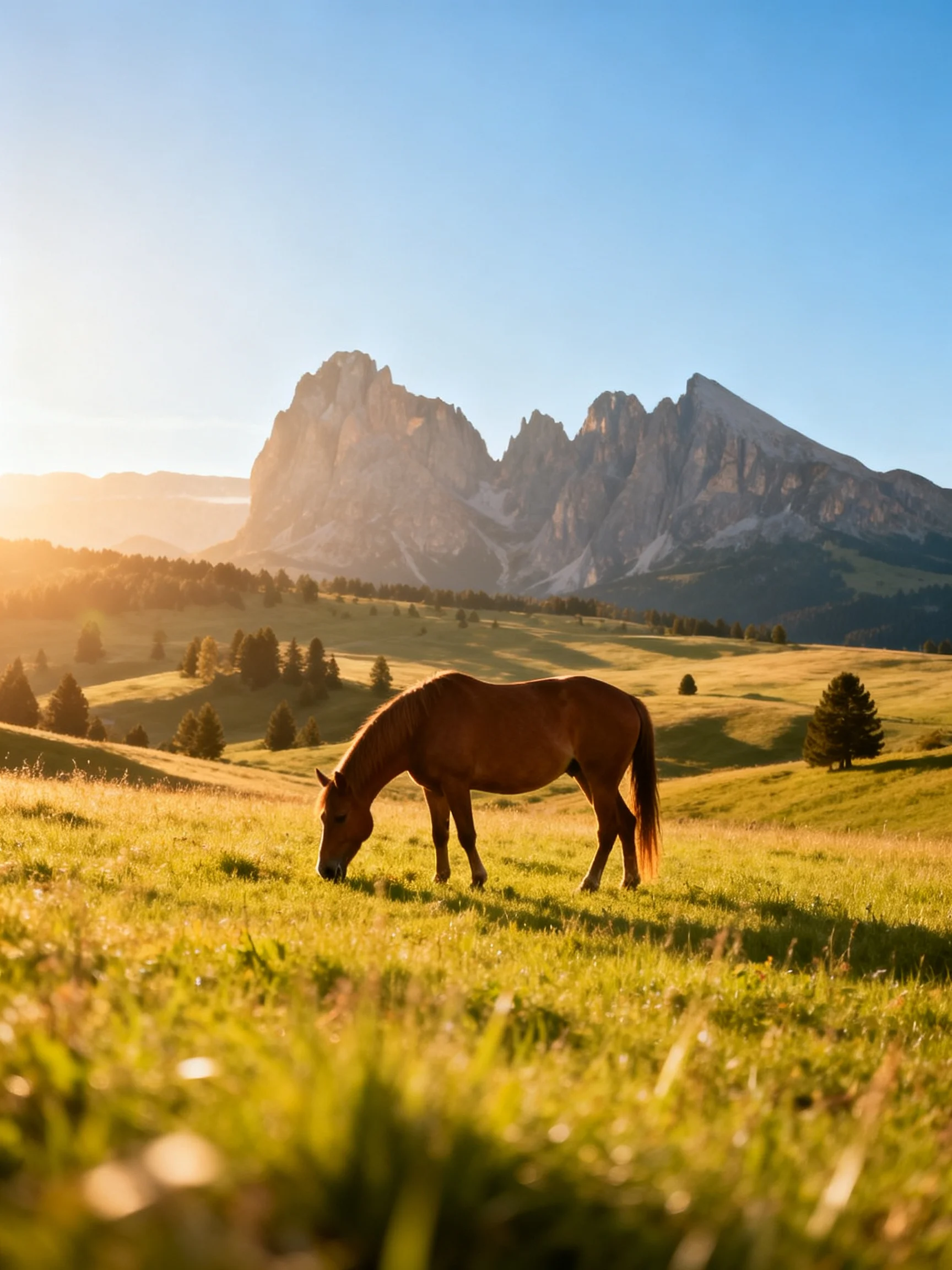 A brown horse grazes in a golden meadow near majestic rocky peaks