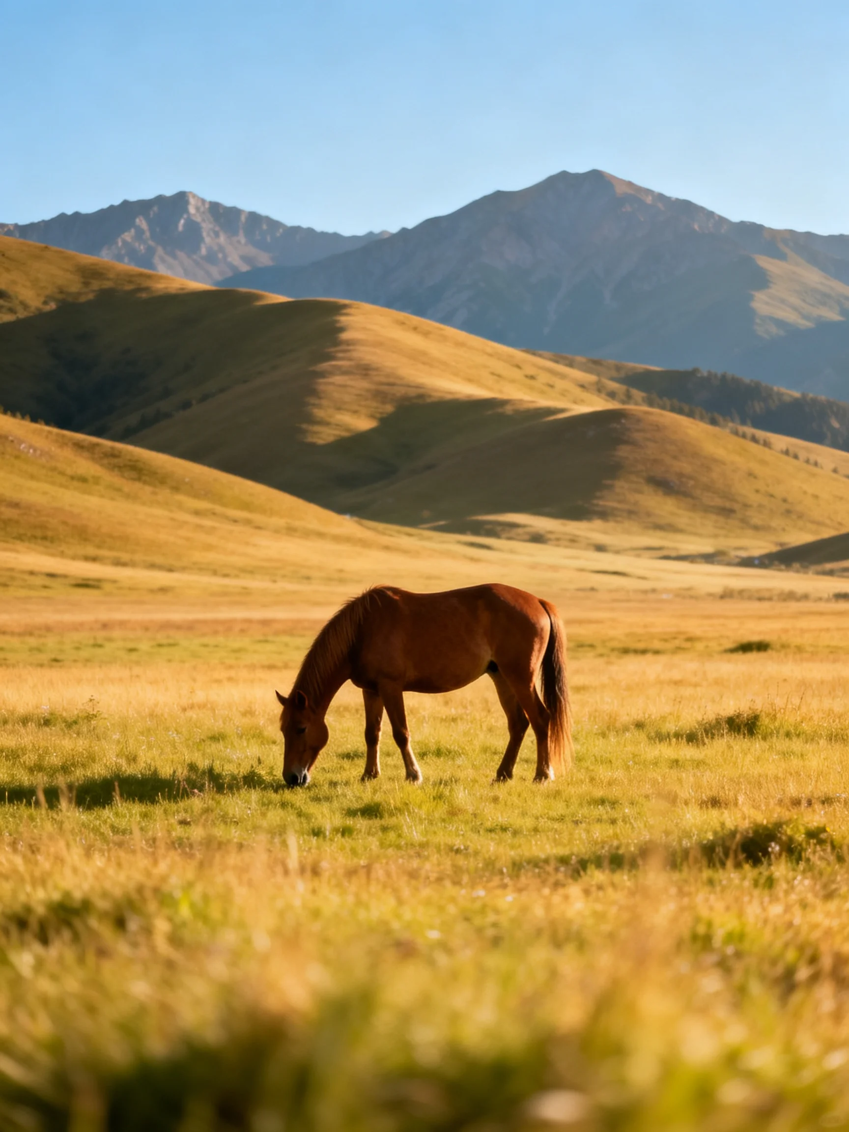 A brown horse grazes in a golden meadow with distant mountains
