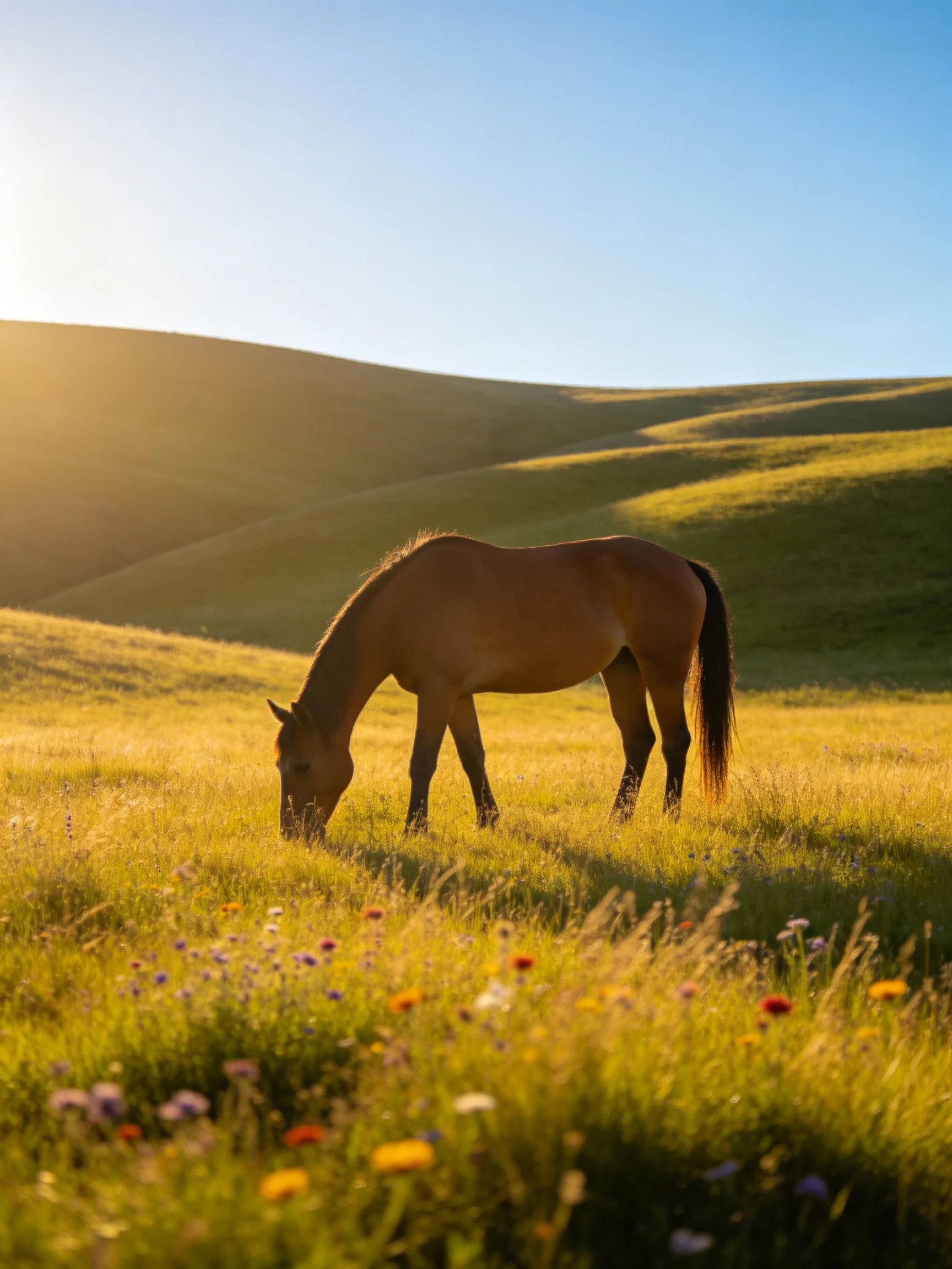 A brown horse grazes in a golden meadow with rolling green hills