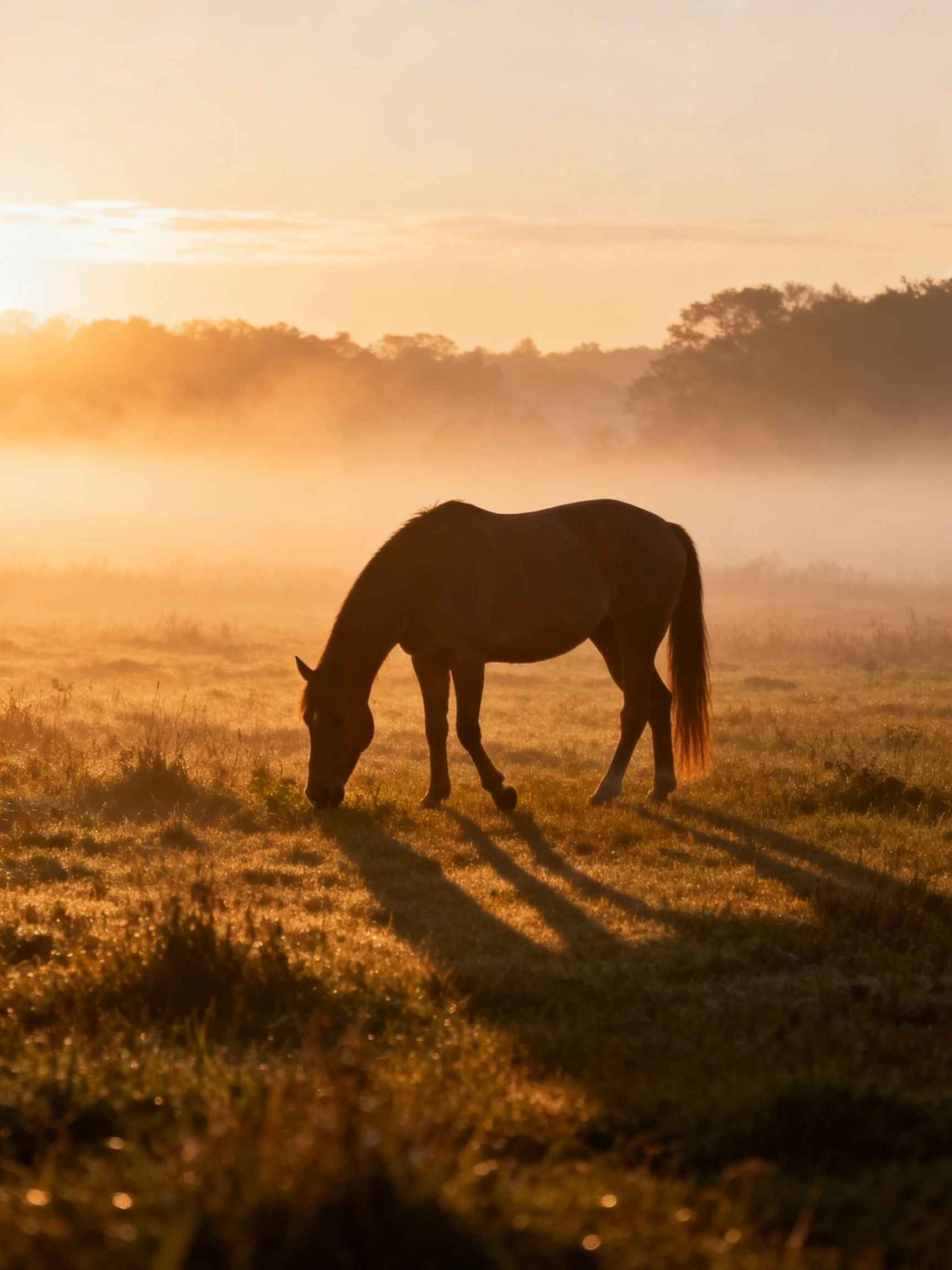 A brown horse grazes in a golden morning meadow with misty atmosphere