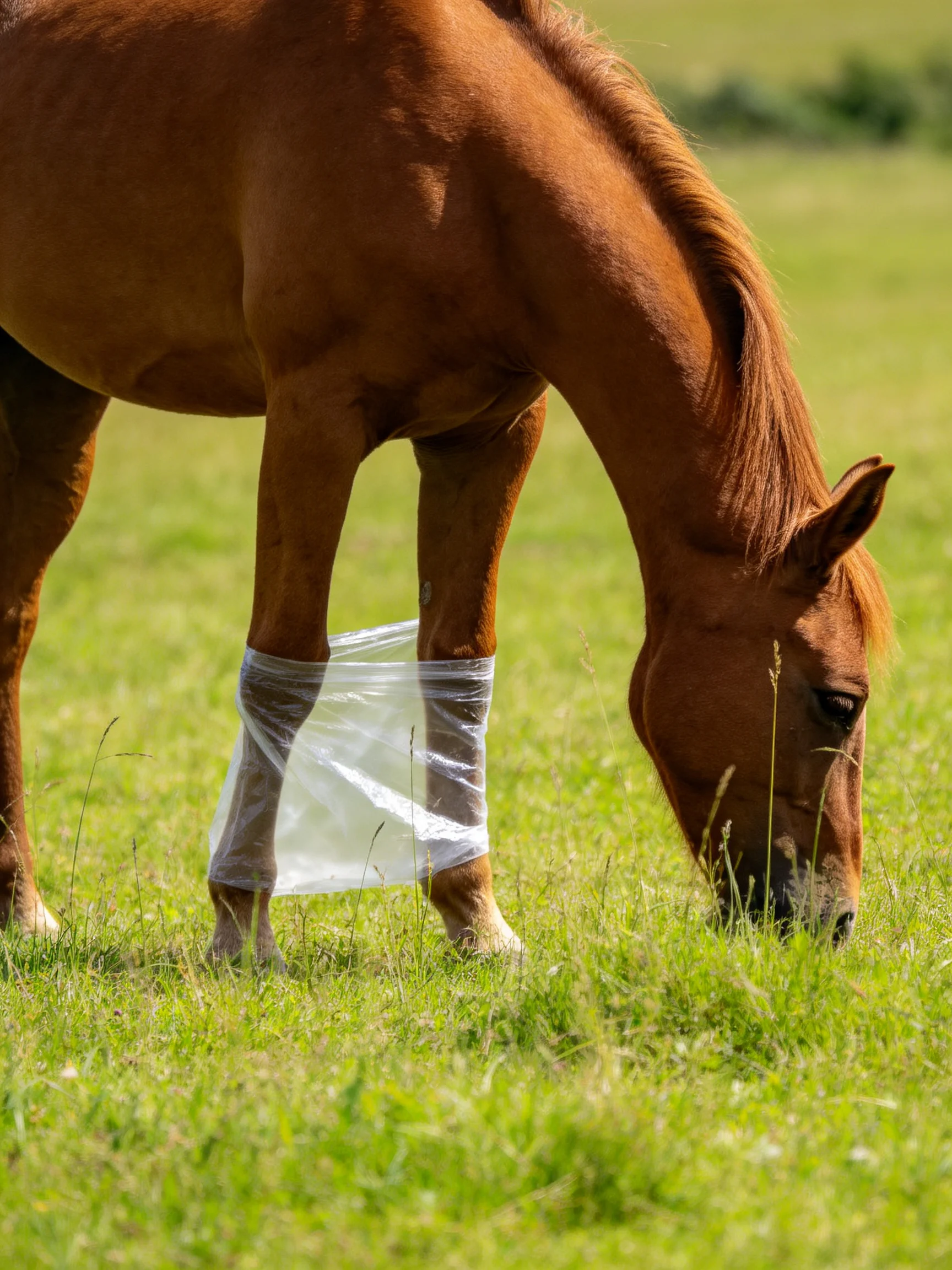 A brown horse grazes in a green field with a plastic wrap on its leg.