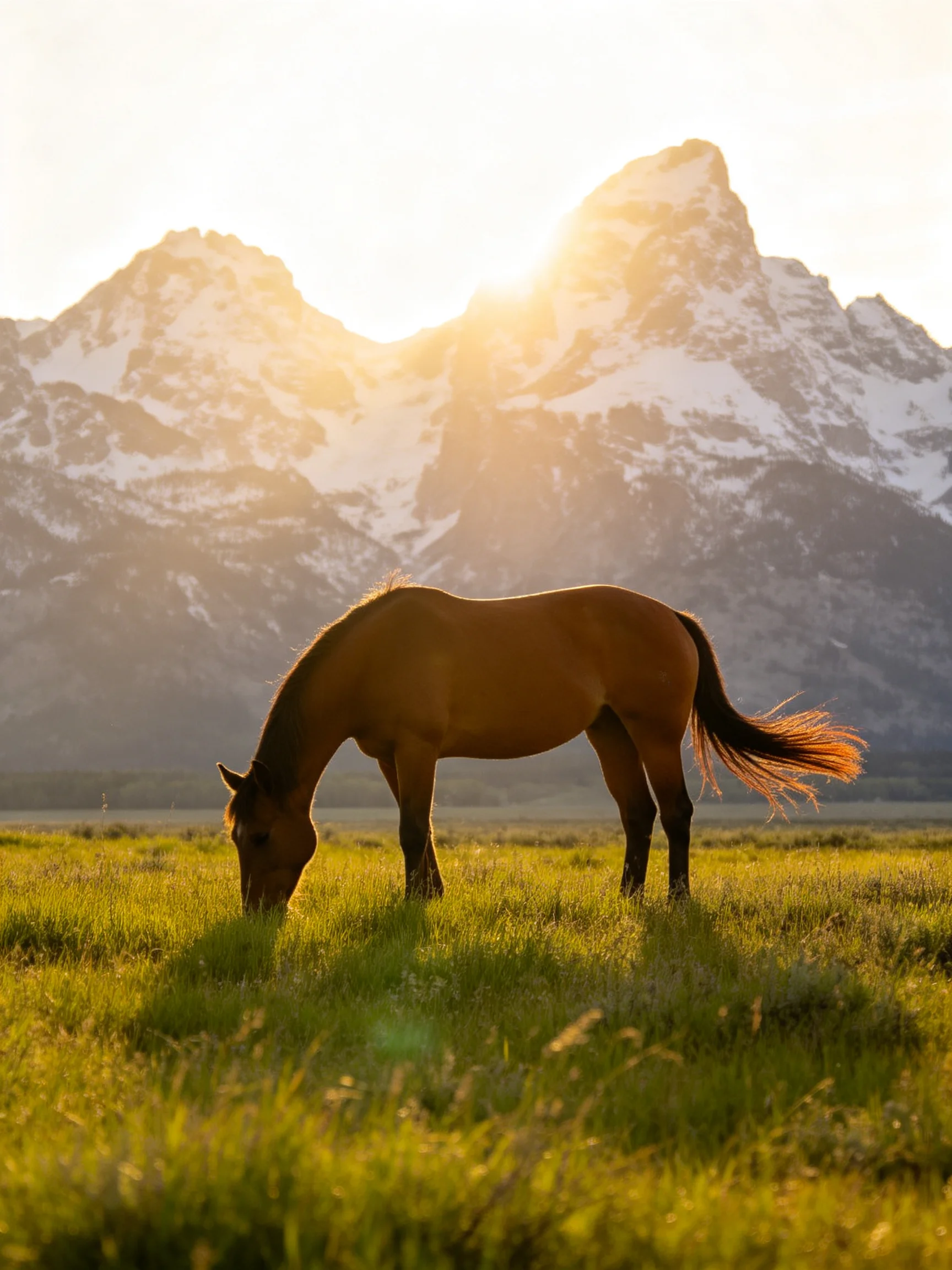 A brown horse grazes in a green meadow near snow-capped mountains at sunset