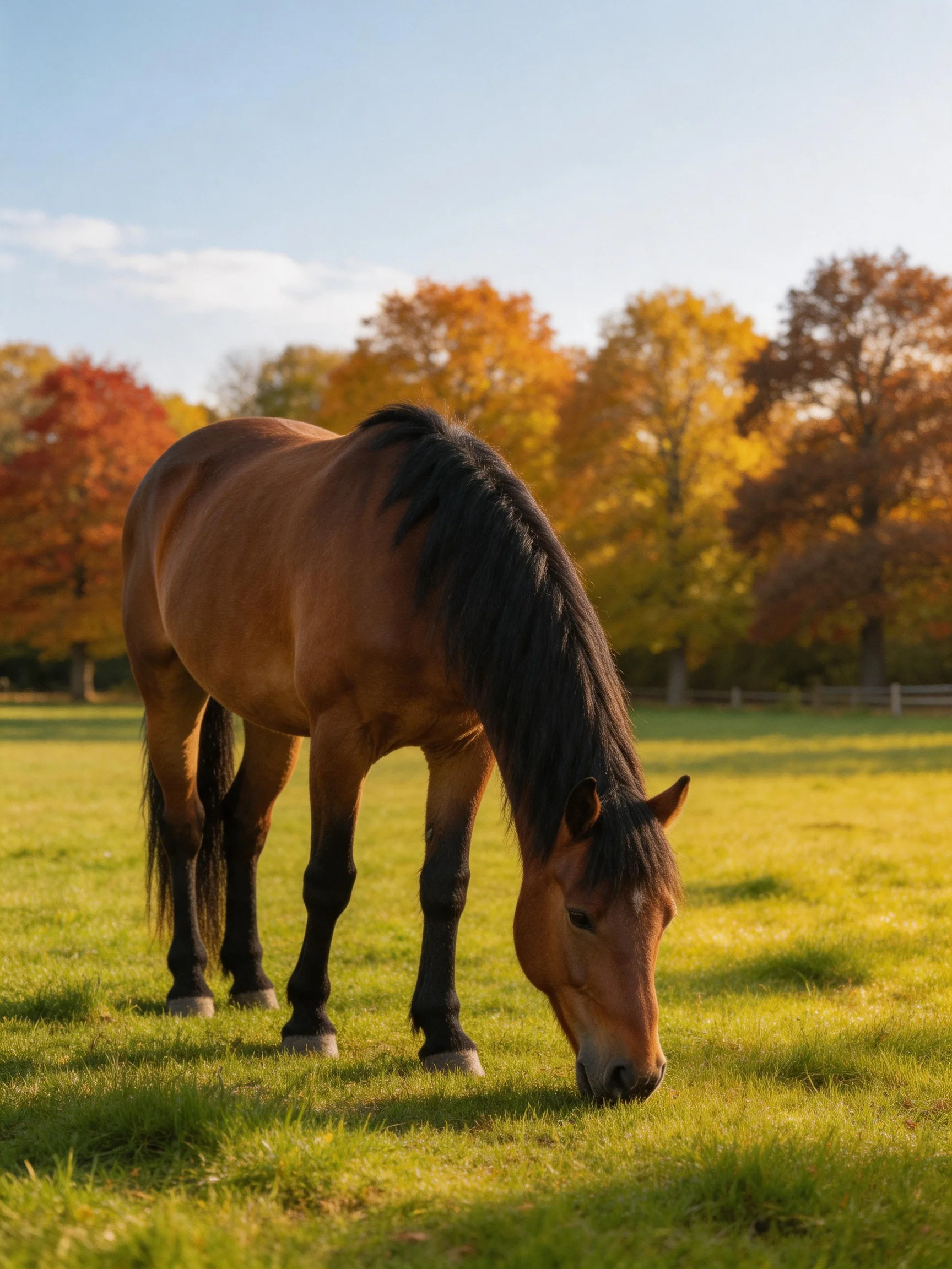A brown horse grazes in a green meadow with golden autumn trees