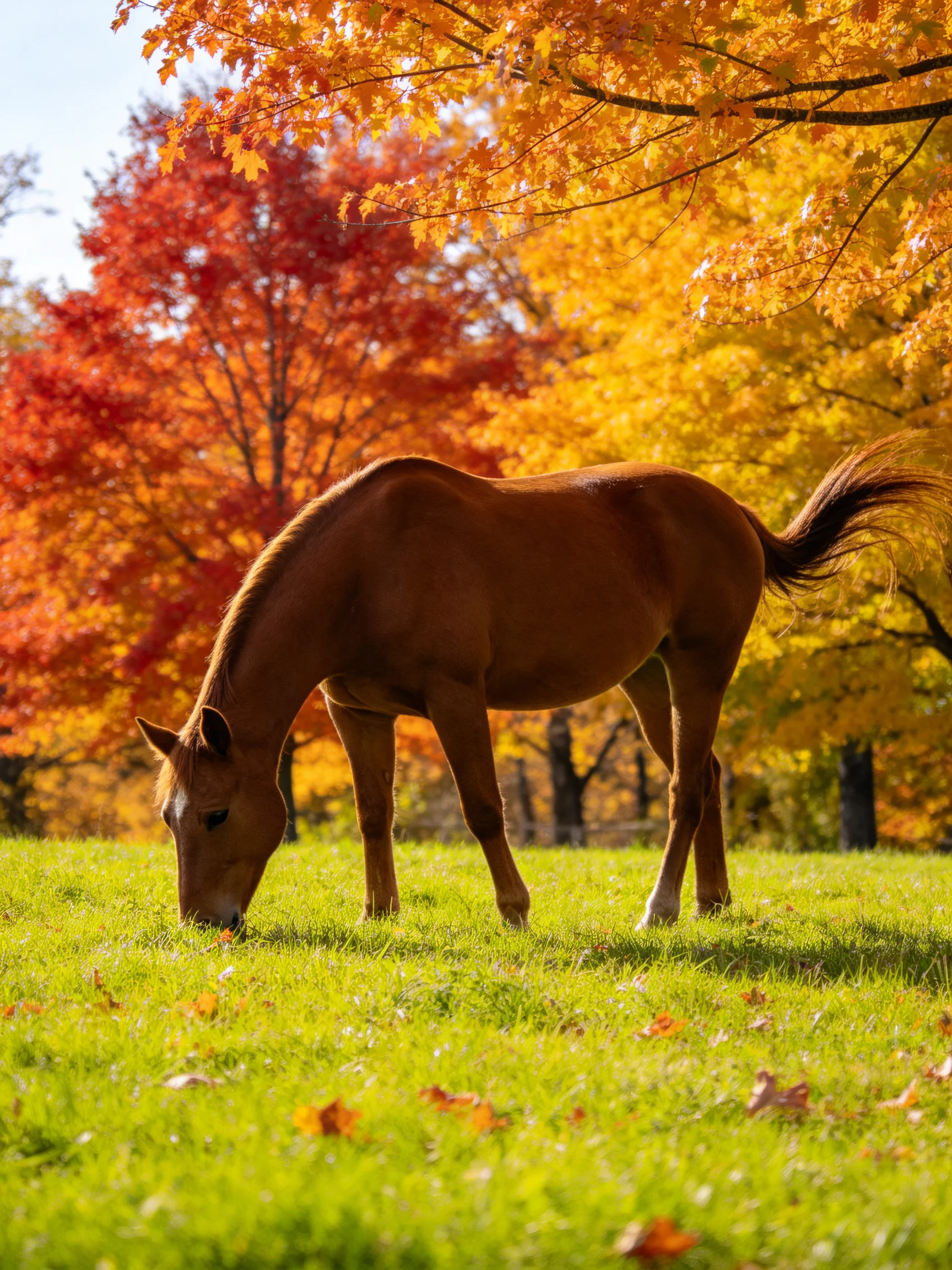 A brown horse grazes in a green meadow with vibrant fall trees